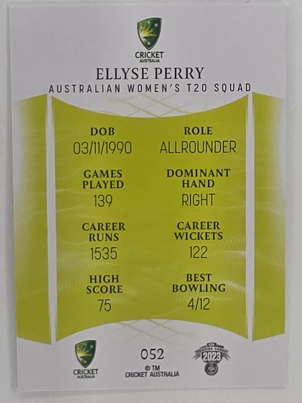 2023/24 Cricket Traders Base Card #052 Ellyse Perry Australian Women’s T20 WBBL