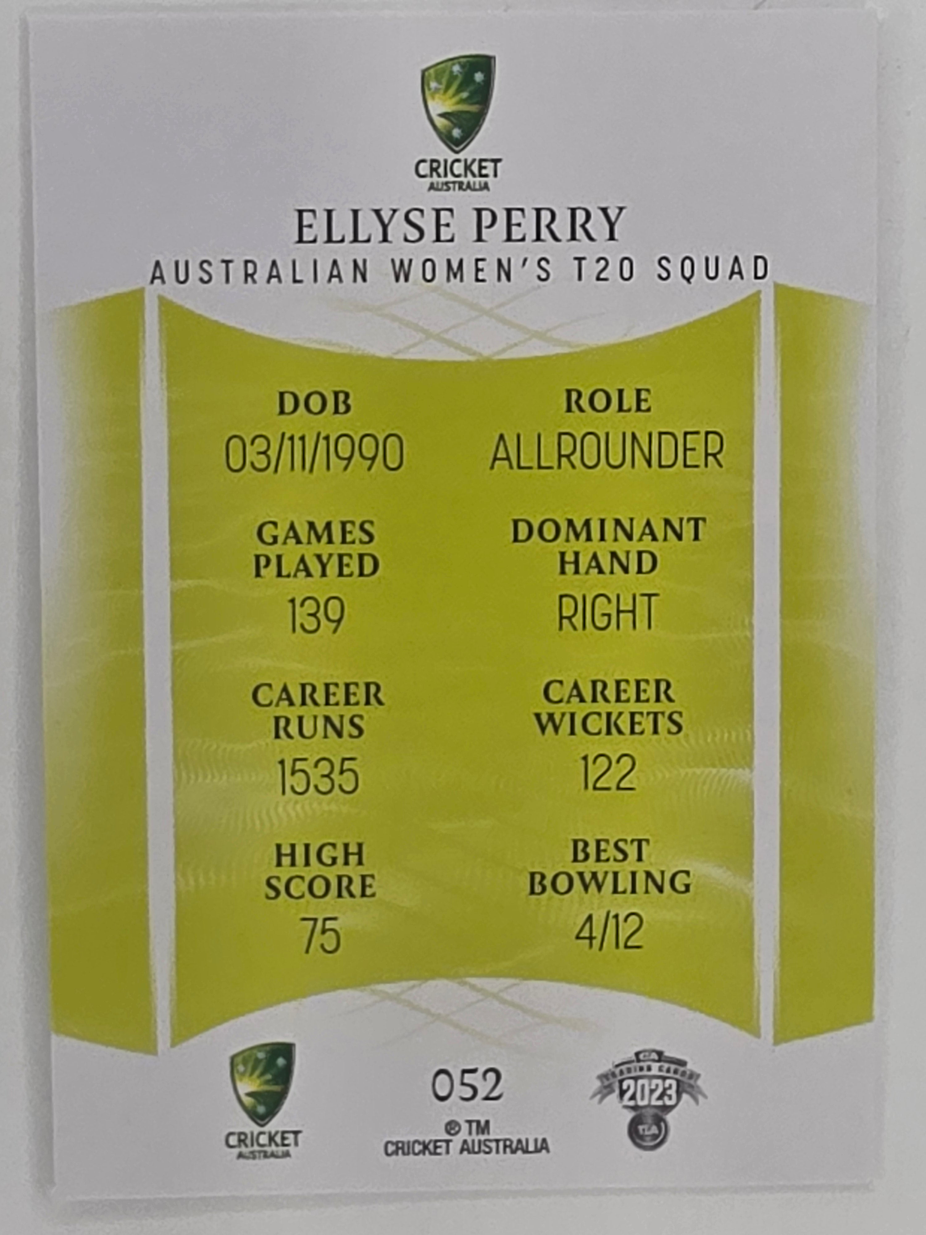 2023/24 Cricket Traders Base Card #052 Ellyse Perry Australian Women’s T20 WBBL