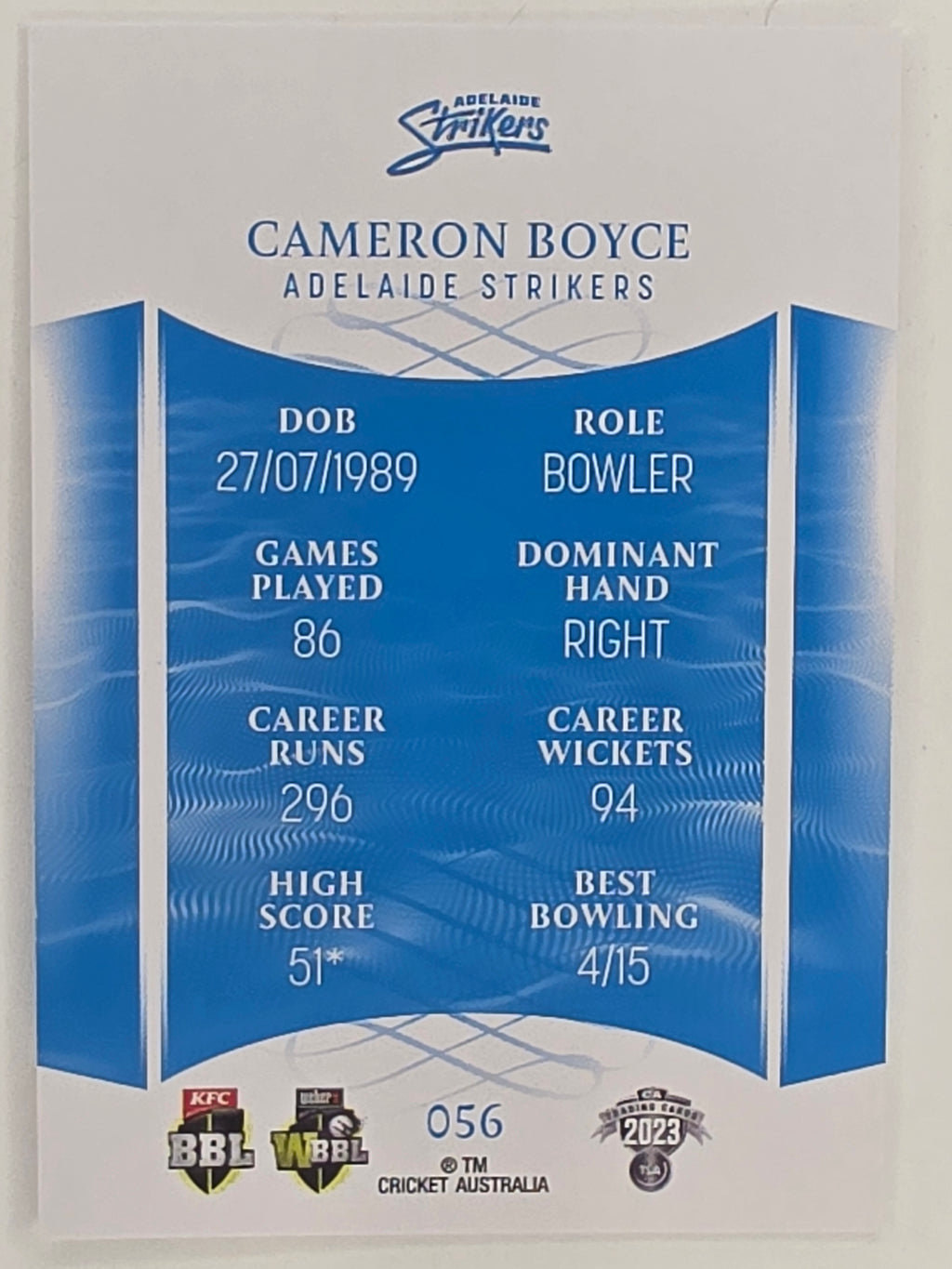 2023/24 Cricket Traders Base Card #056 Cameron Boyce Adelaide Strikers
