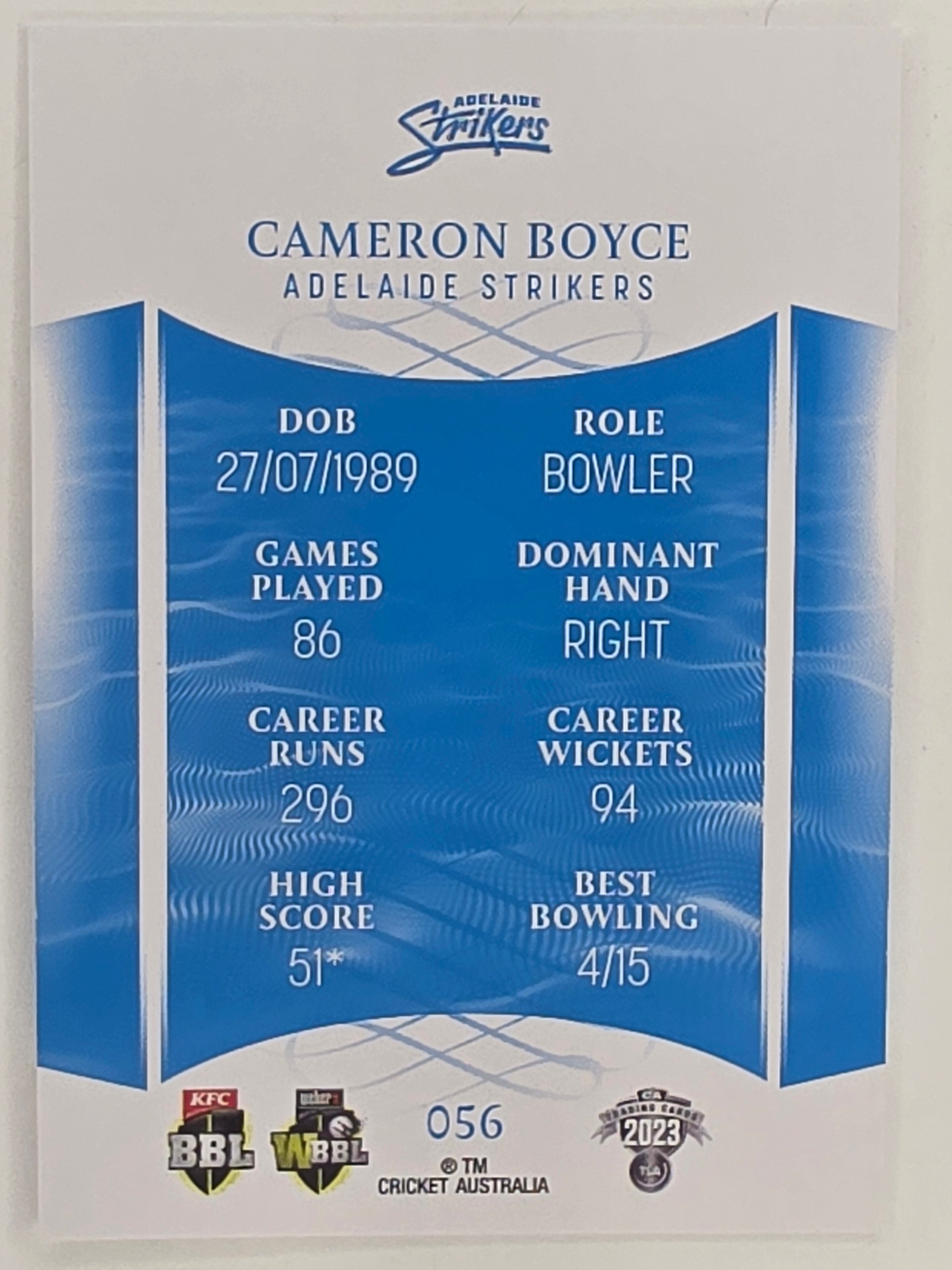2023/24 Cricket Traders Base Card #056 Cameron Boyce Adelaide Strikers