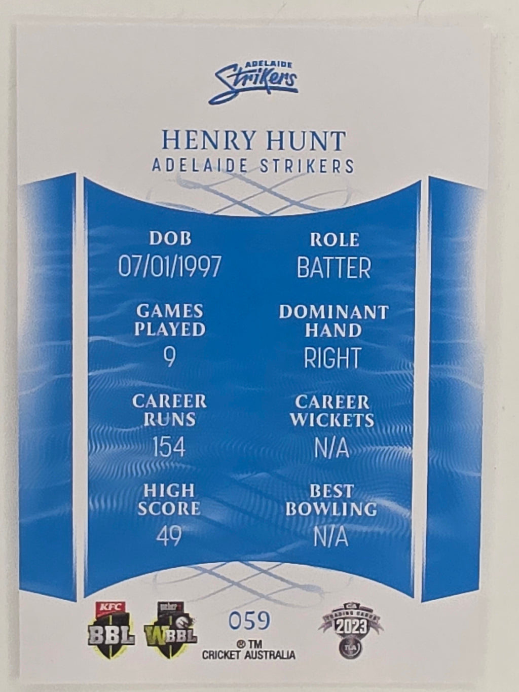 2023/24 Cricket Traders Base Card #059 Henry Hunt Adelaide Strikers