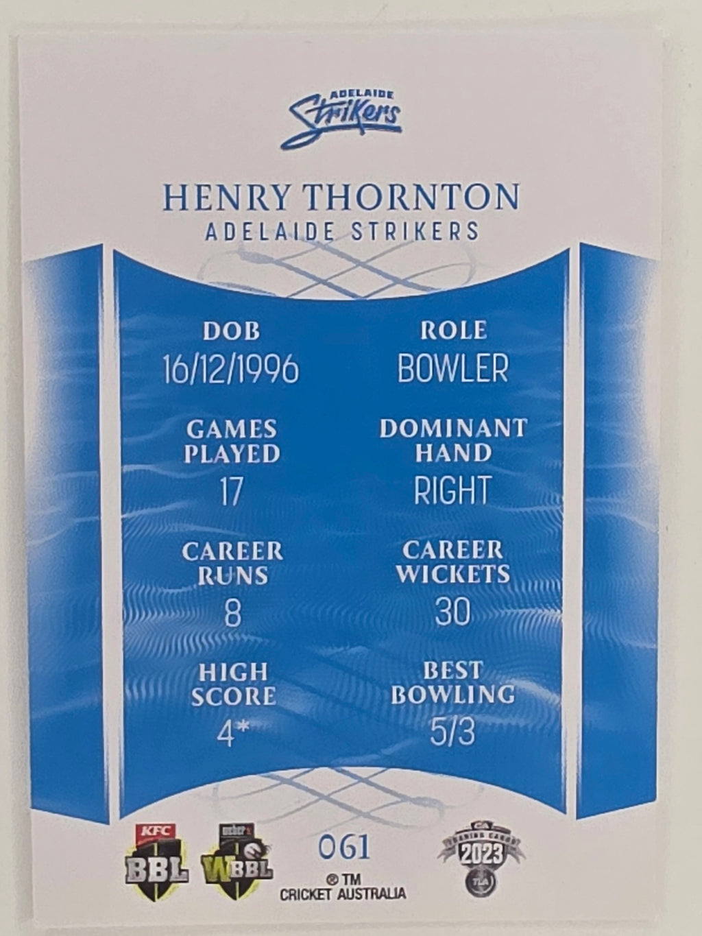 2023/24 Cricket Traders Base Card #061 Henry Thornton Adelaide Strikers