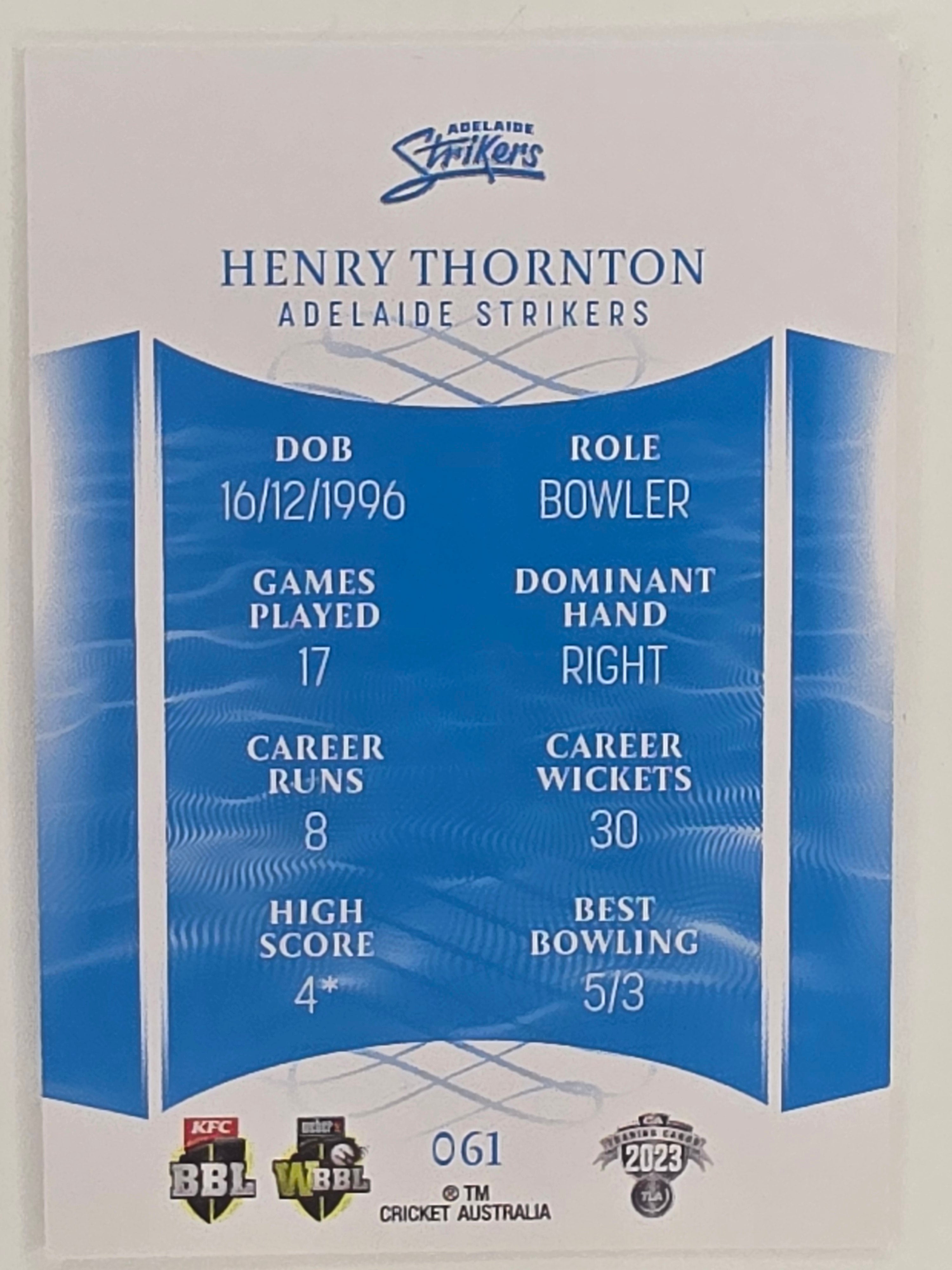 2023/24 Cricket Traders Base Card #061 Henry Thornton Adelaide Strikers