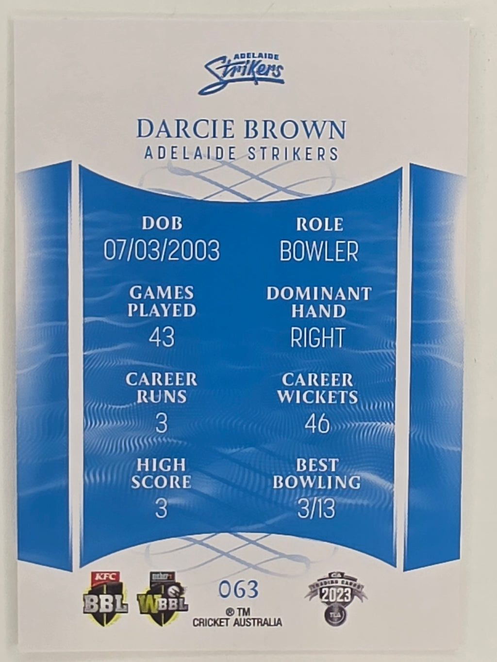 2023/24 Cricket Traders Base Card #063 Darcie Brown Adelaide Strikers WBBL