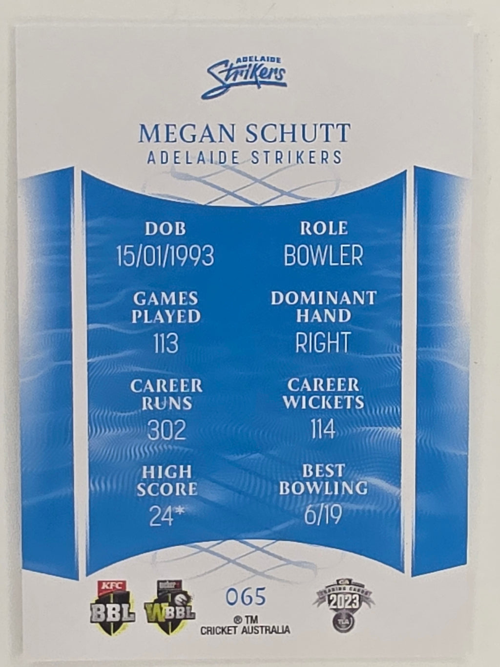2023/24 Cricket Traders Base Card #065 Megan Schutt Adelaide Strikers WBBL