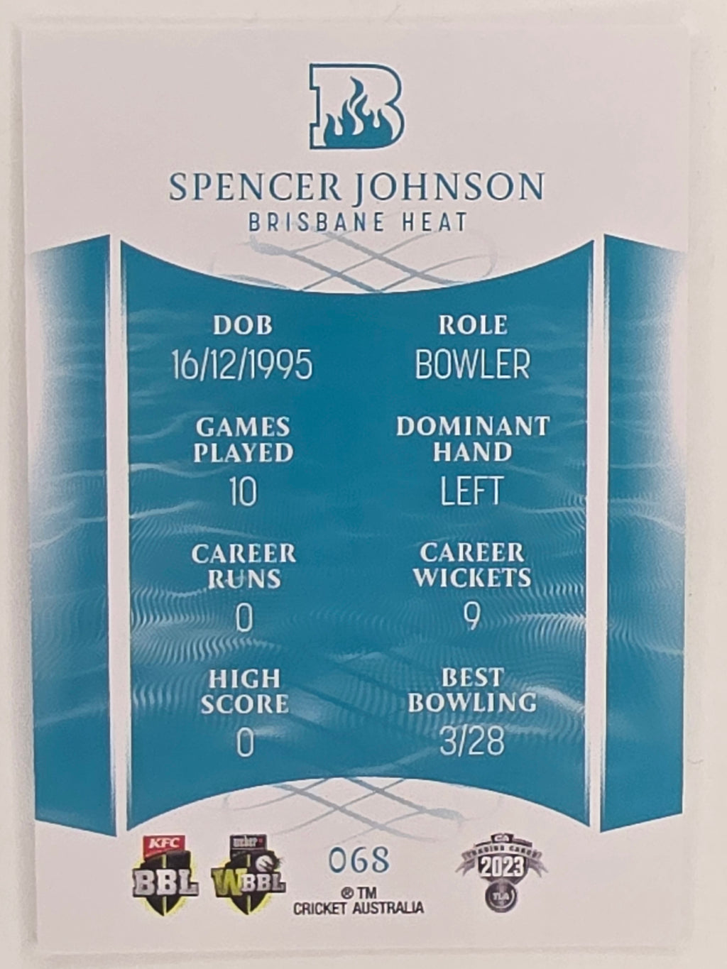 2023/24 Cricket Traders Base Card #068 Spencer Johnson Brisbane Heat