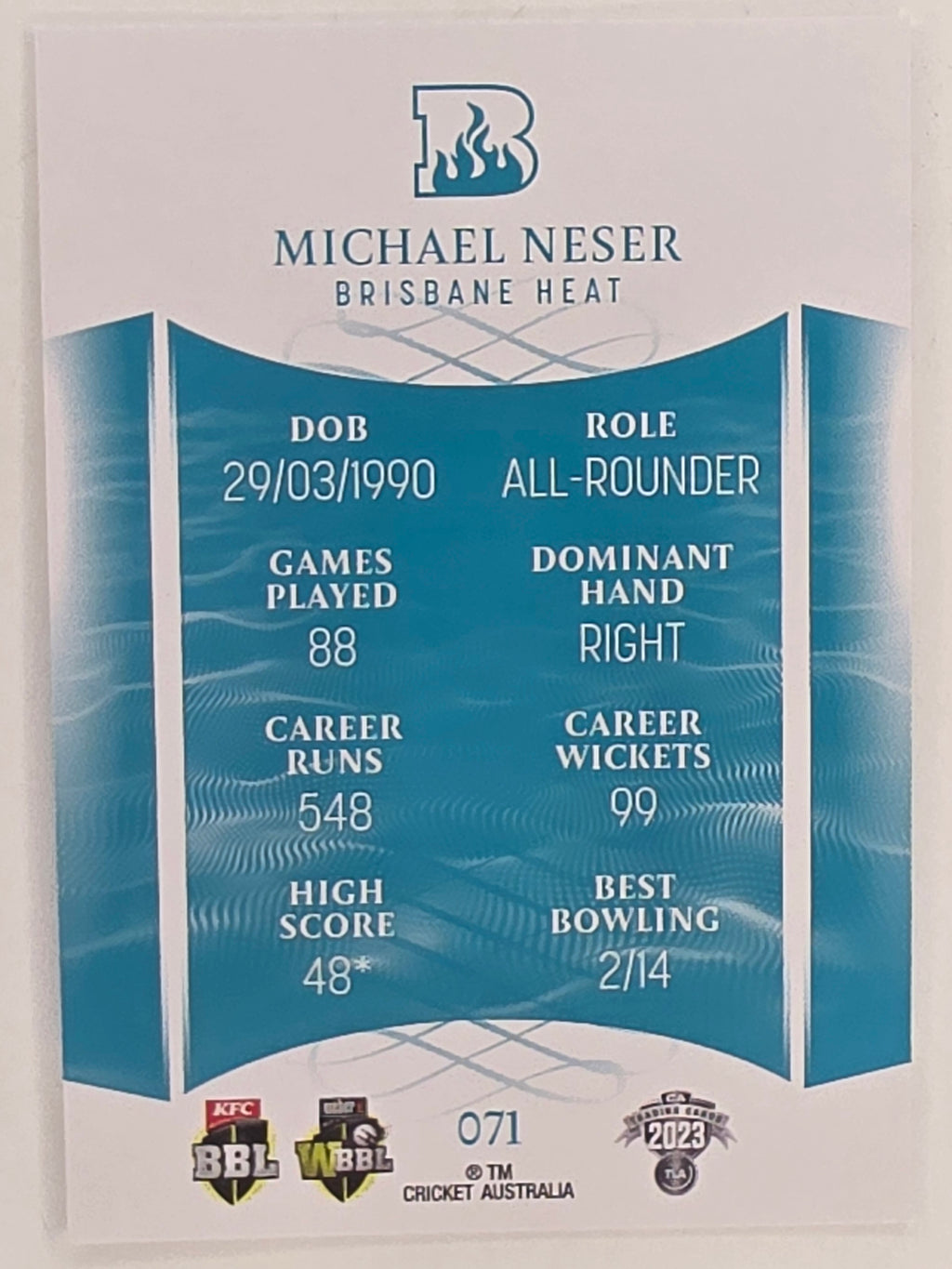 2023/24 Cricket Traders Base Card #071 Michael Neser Brisbane Heat