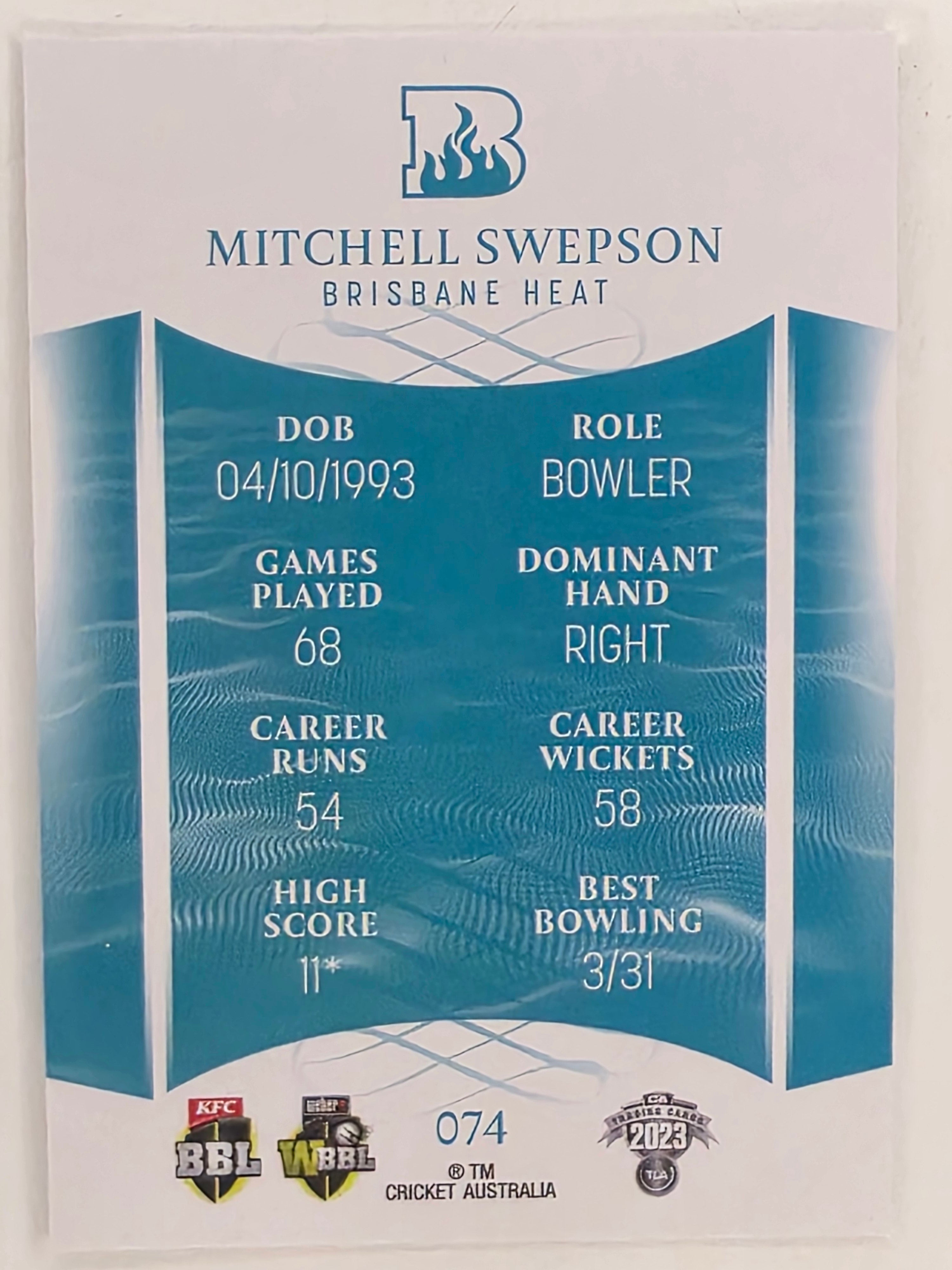 2023/24 Cricket Traders Base Card #074 Mitchell Swepson Brisbane Heat