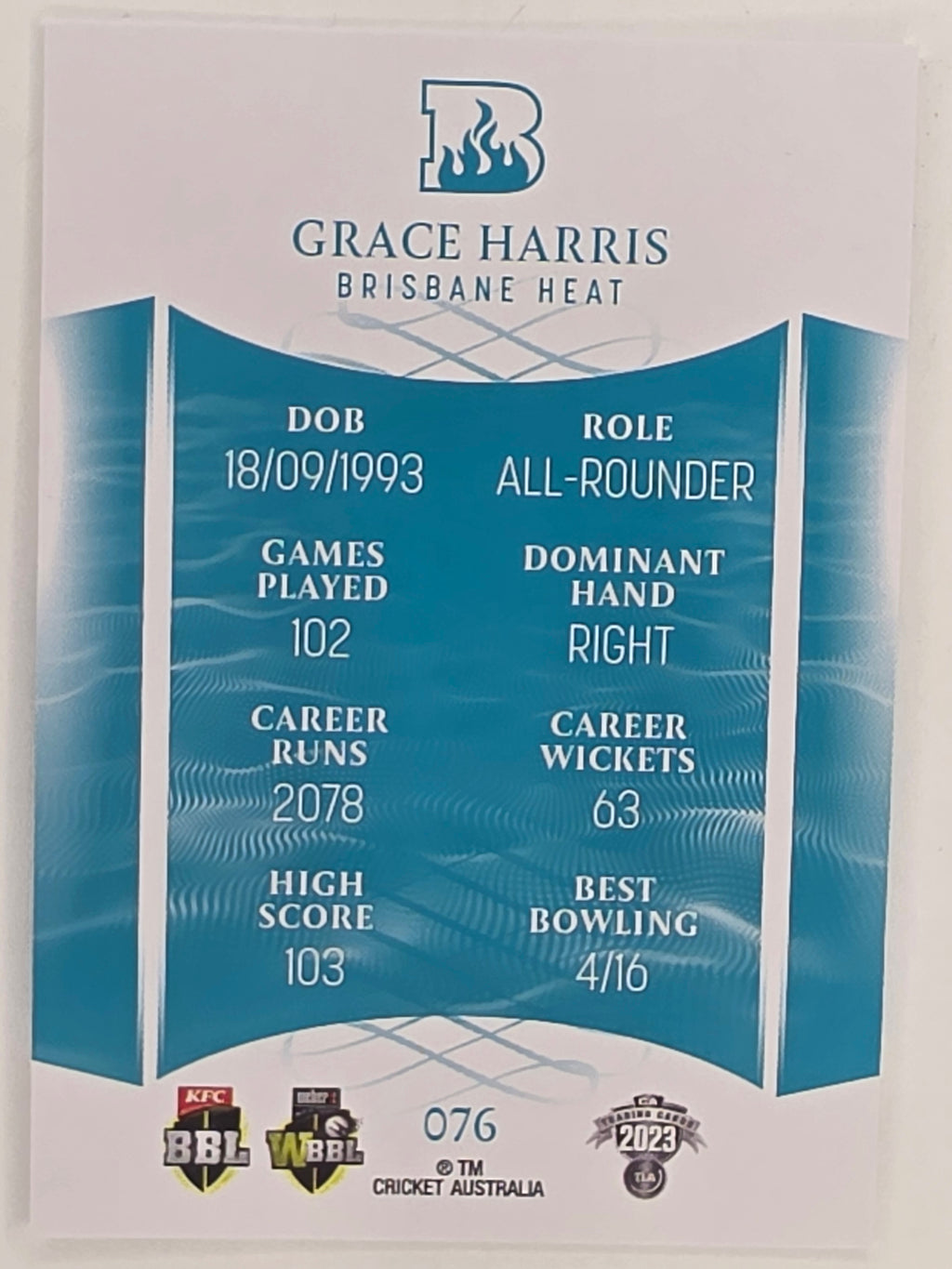 2023/24 Cricket Traders Base Card #076 Grace Harris Brisbane Heat WBBL