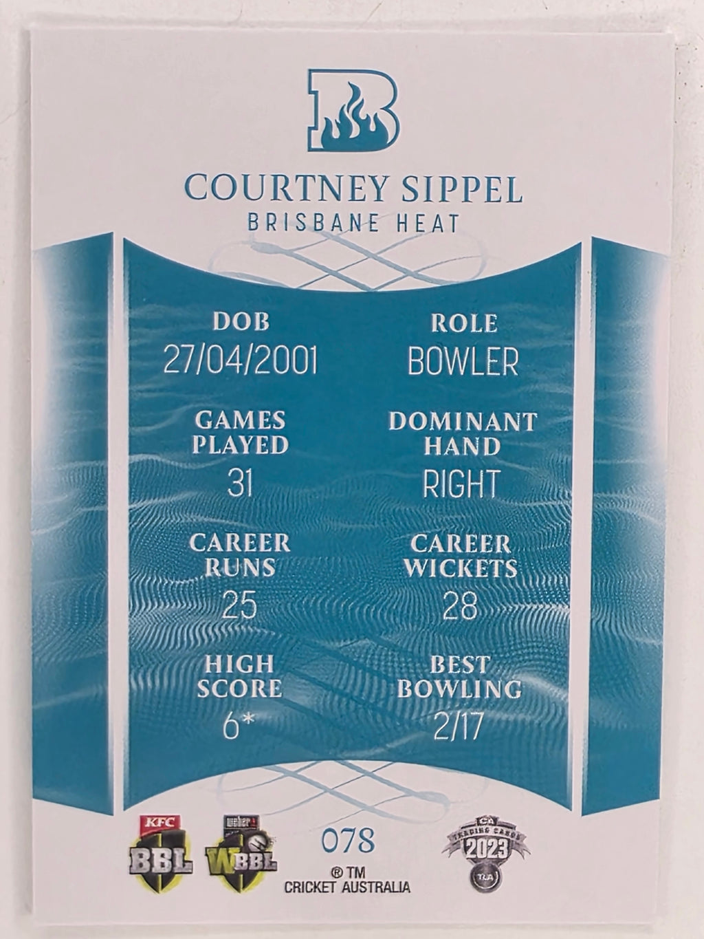 2023/24 Cricket Traders Base Card #078 Courtney Sippel Brisbane Heat WBBL