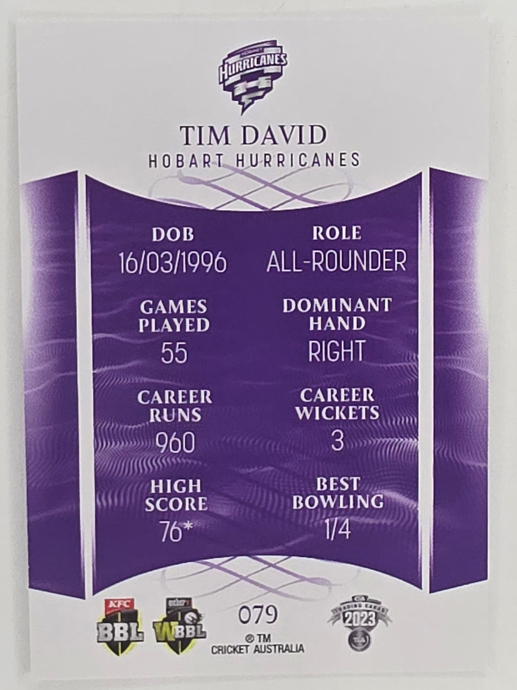2023/24 Cricket Traders Base Card #079 Tim David Hobart Hurricanes