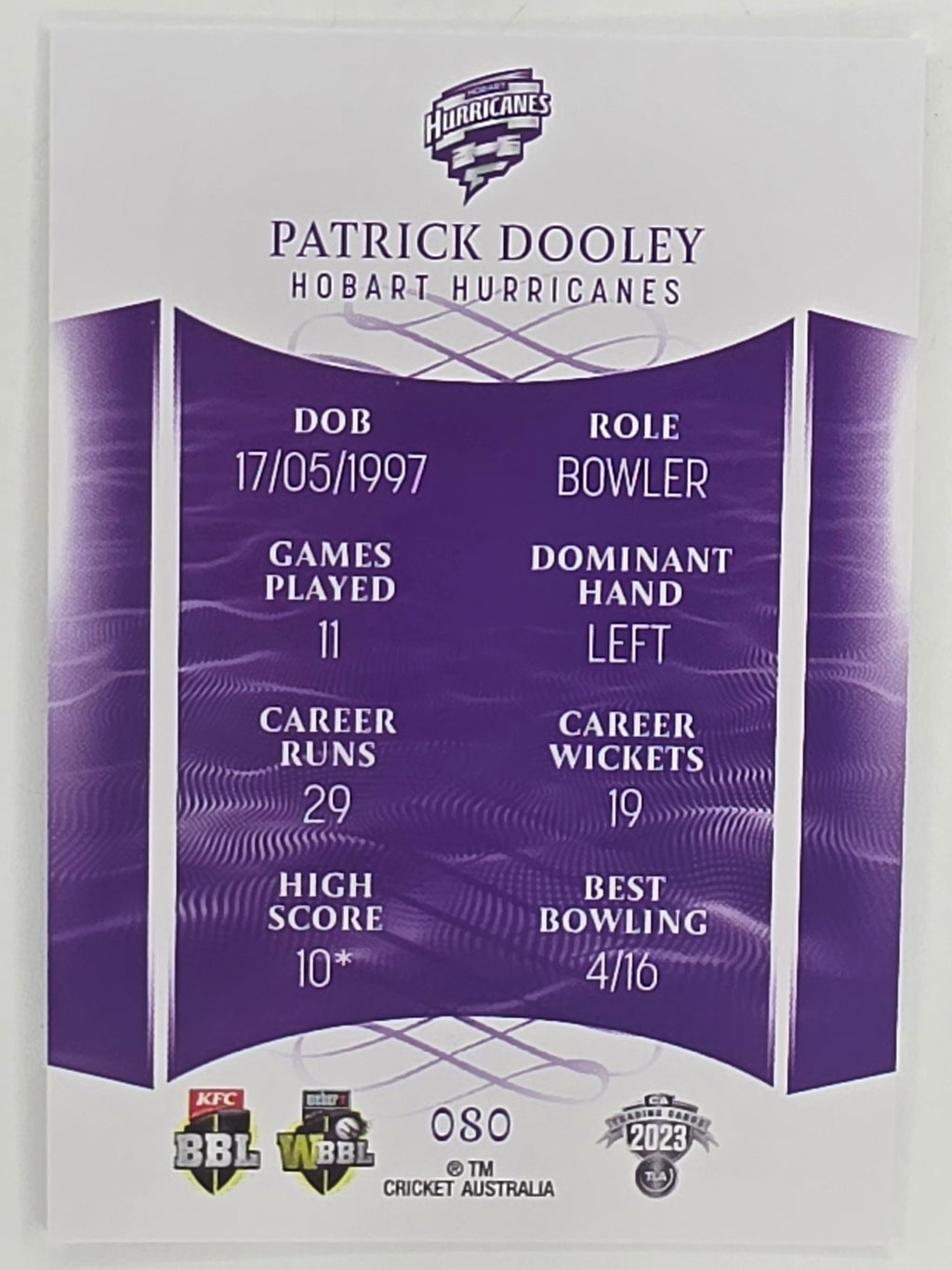2023/24 Cricket Traders Base Card #080 Patrick Dooley Hobart Hurricanes