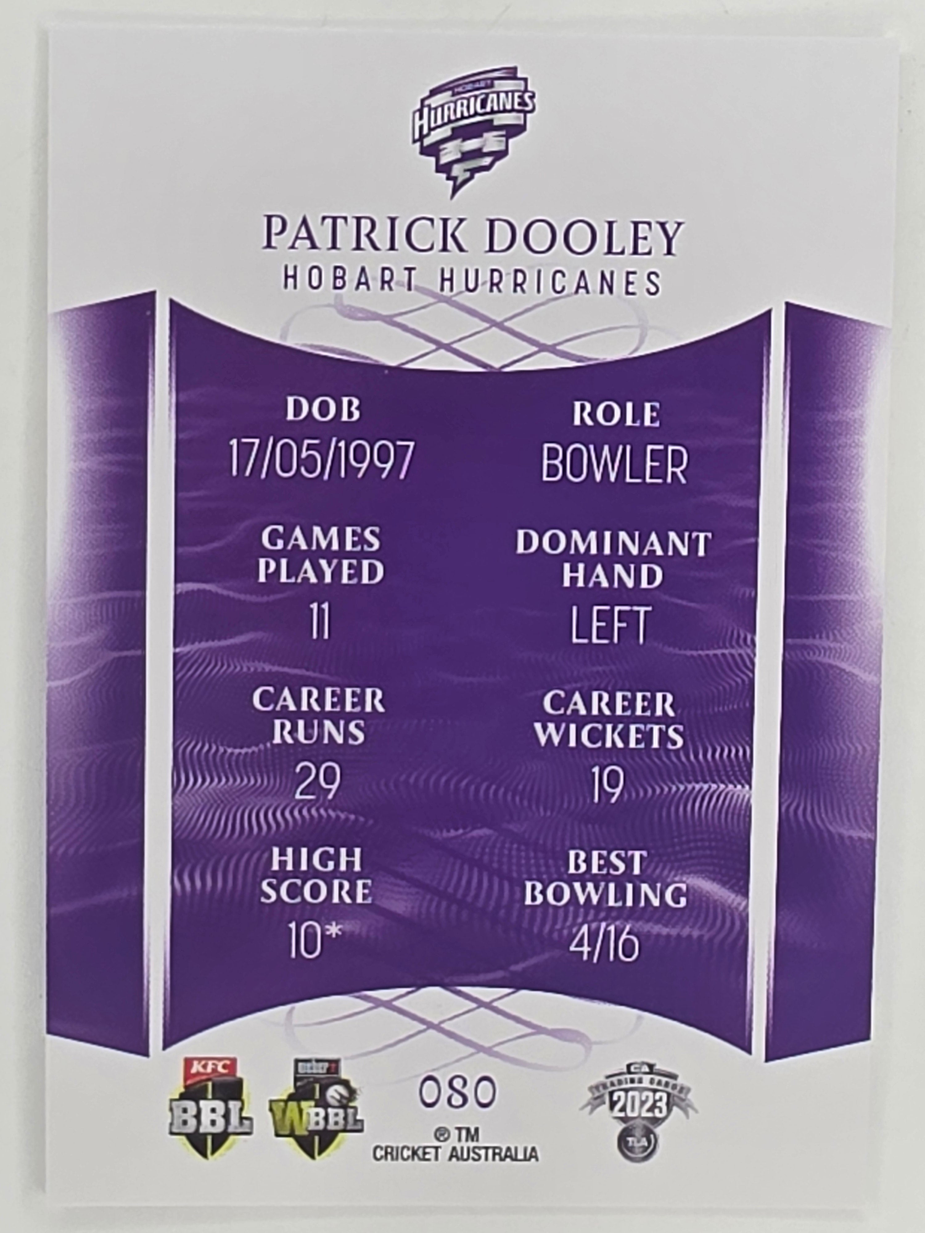 2023/24 Cricket Traders Base Card #080 Patrick Dooley Hobart Hurricanes