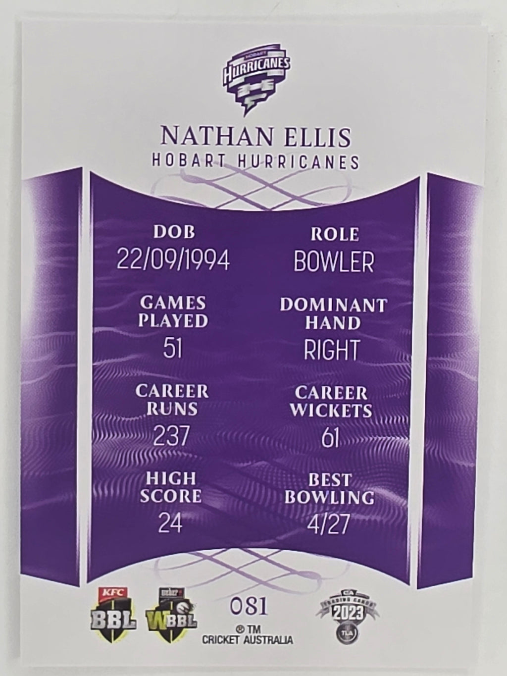 2023/24 Cricket Traders Base Card #081 Nathan Ellis Hobart Hurricanes
