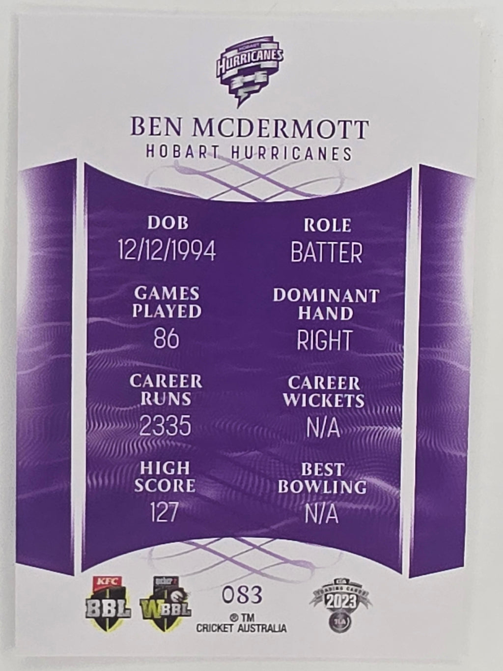 2023/24 Cricket Traders Base Card #083 Ben McDermott Hobart Hurricanes