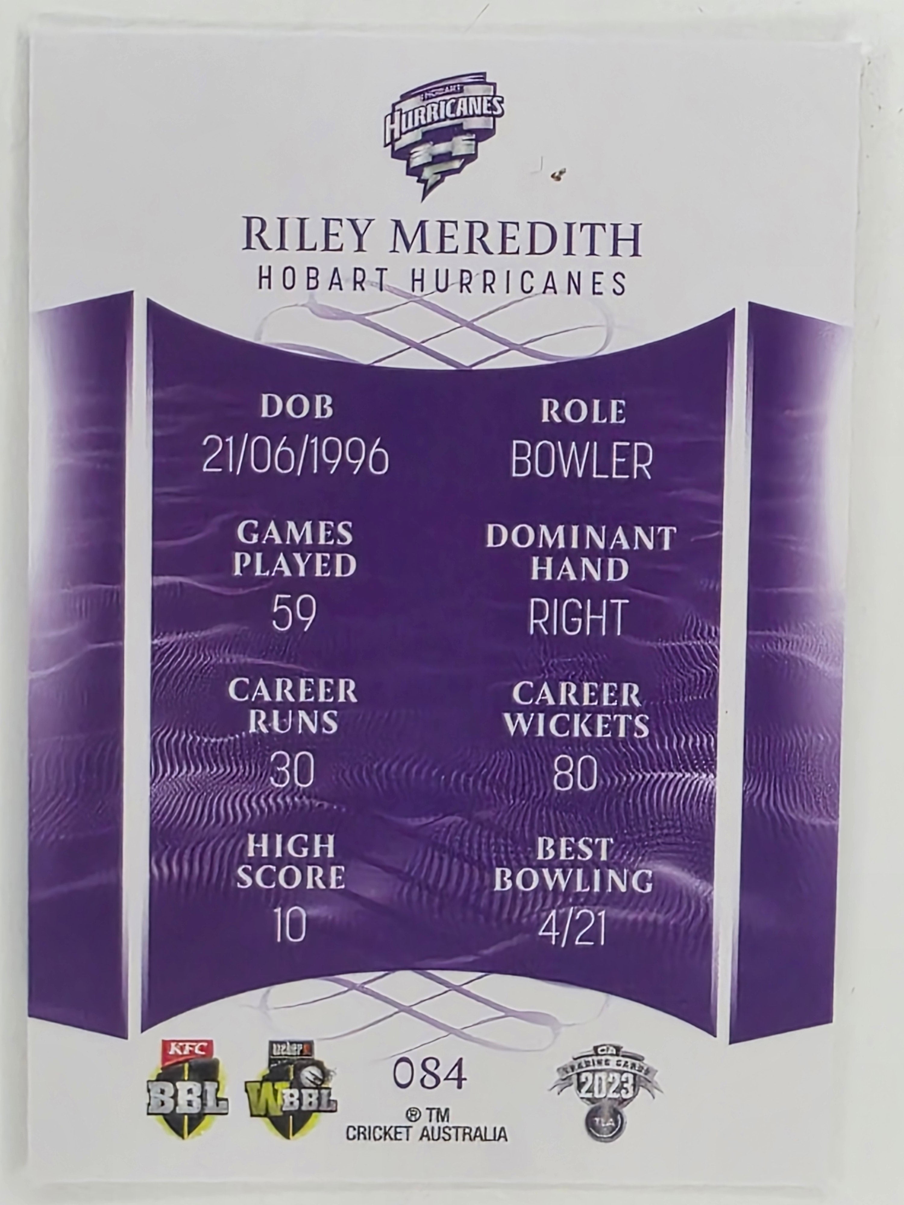 2023/24 Cricket Traders Base Card #084 Riley Meredith Hobart Hurricanes