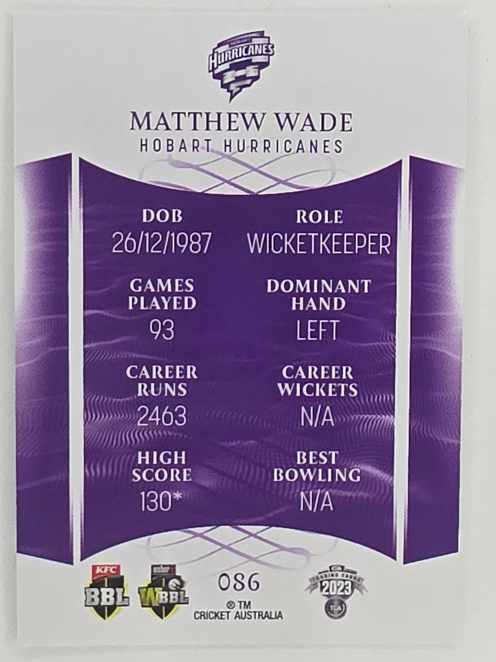 2023/24 Cricket Traders Base Card #086 Matthew Wade Hobart Hurricanes