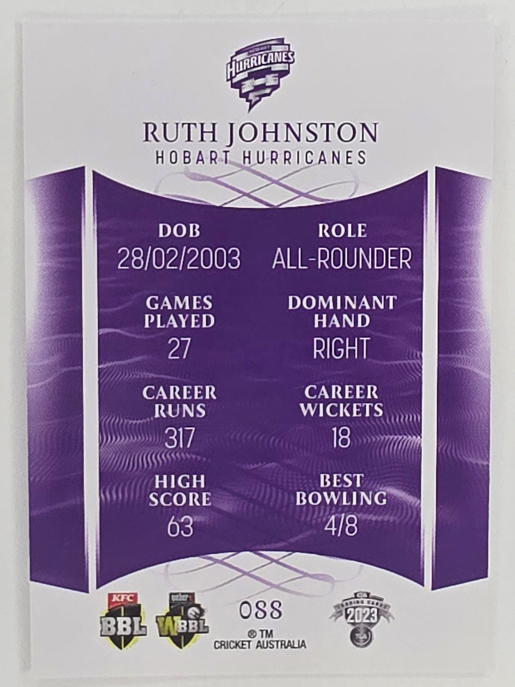 2023/24 Cricket Traders Base Card #088 Ruth Johnston Hobart Hurricanes WBBL
