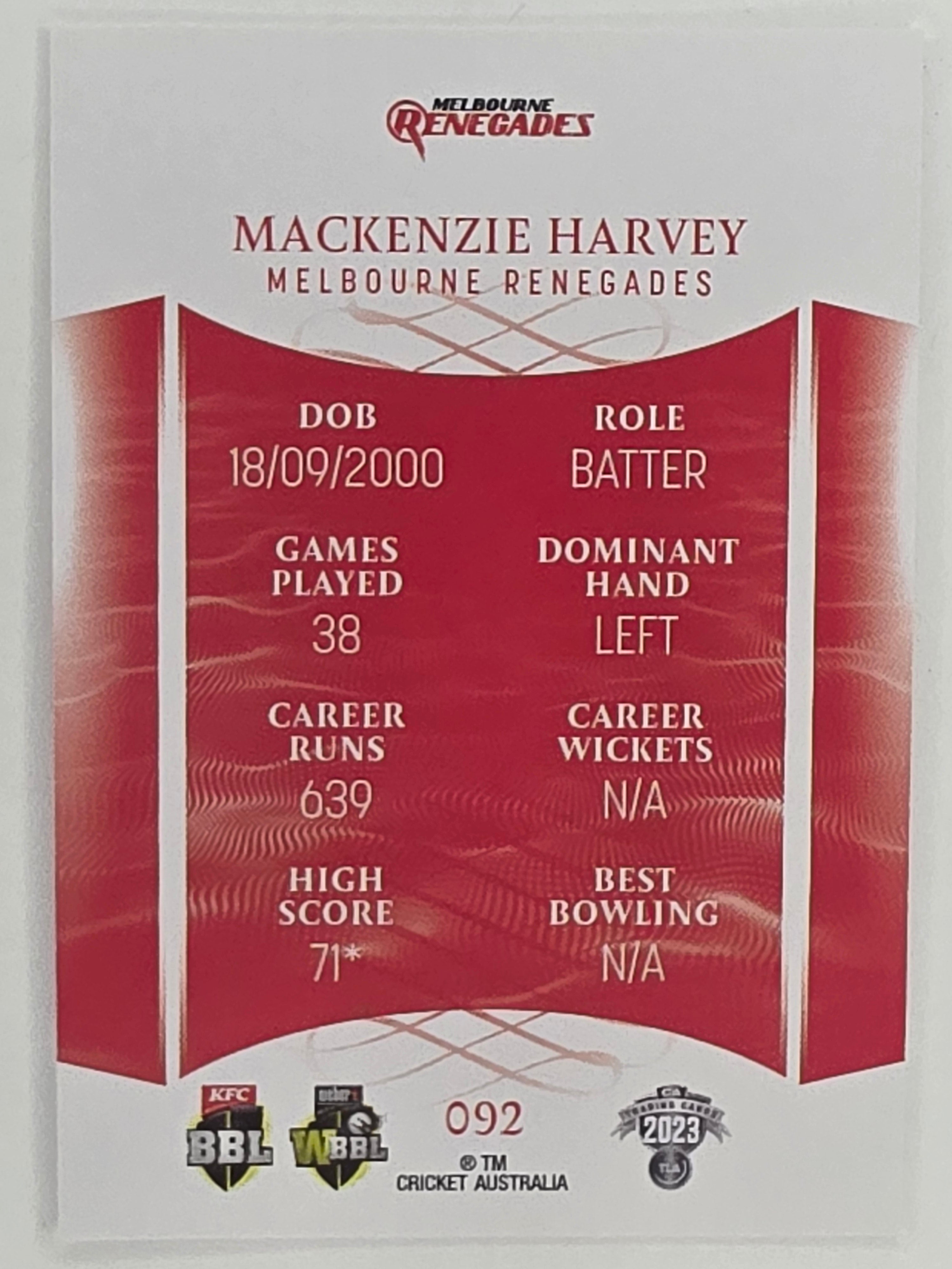 2023/24 Cricket Traders Base Card #092 Mackenzie Harvey Melbourne Renegades