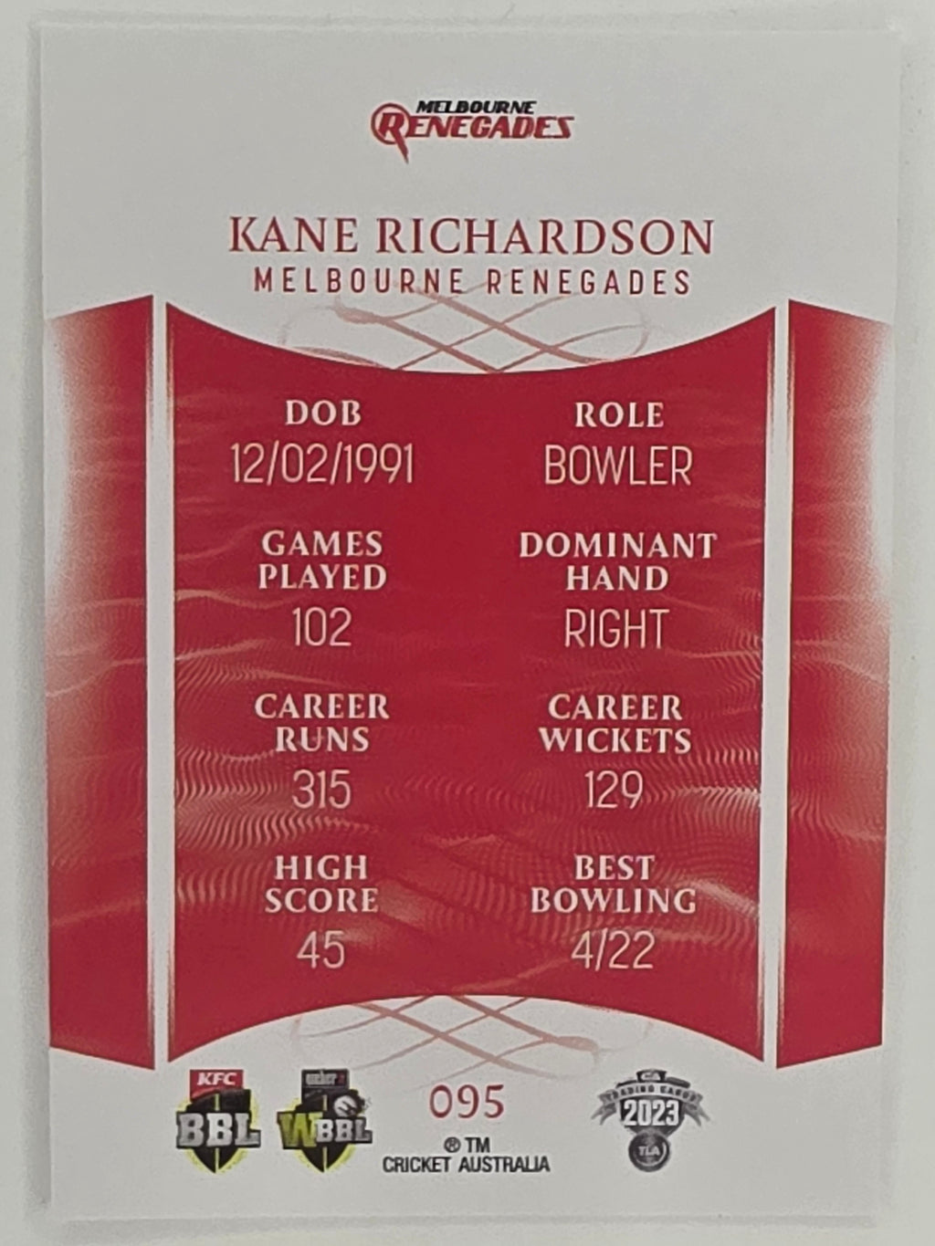 2023/24 Cricket Traders Base Card #095 Kane Richardson Melbourne Renegades