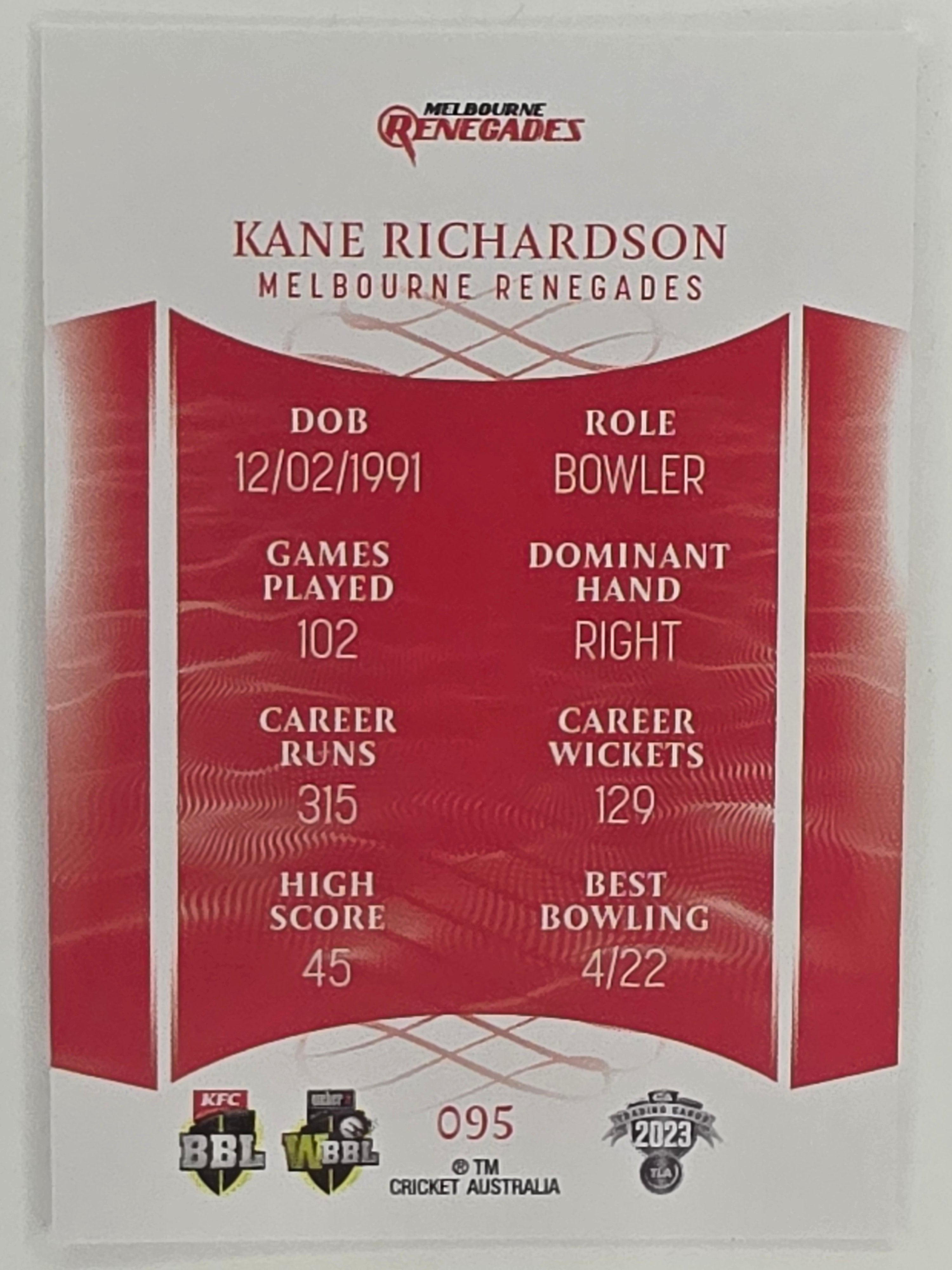 2023/24 Cricket Traders Base Card #095 Kane Richardson Melbourne Renegades