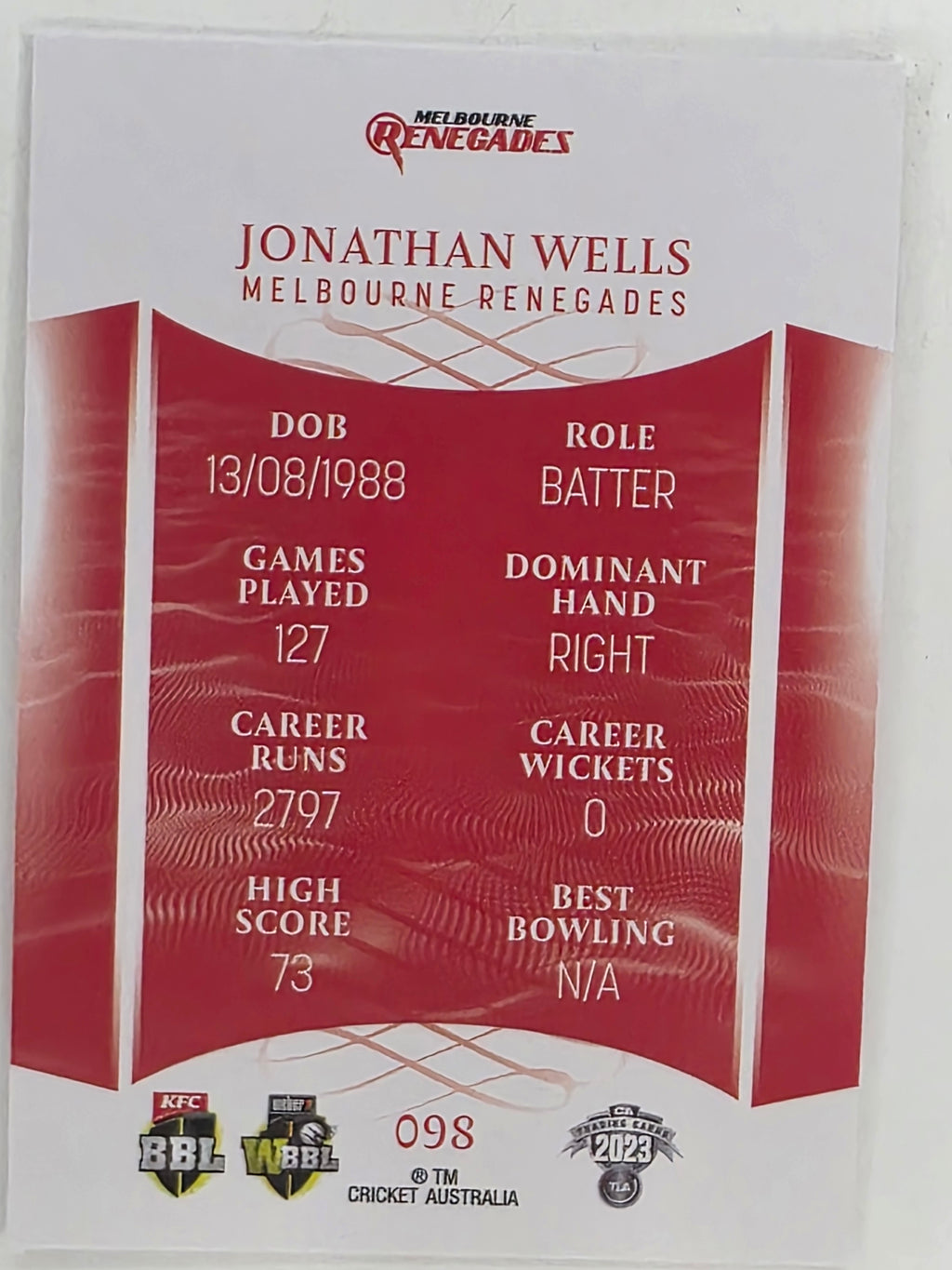 2023/24 Cricket Traders Base Card #098 Jonathan Wells Melbourne Renegades