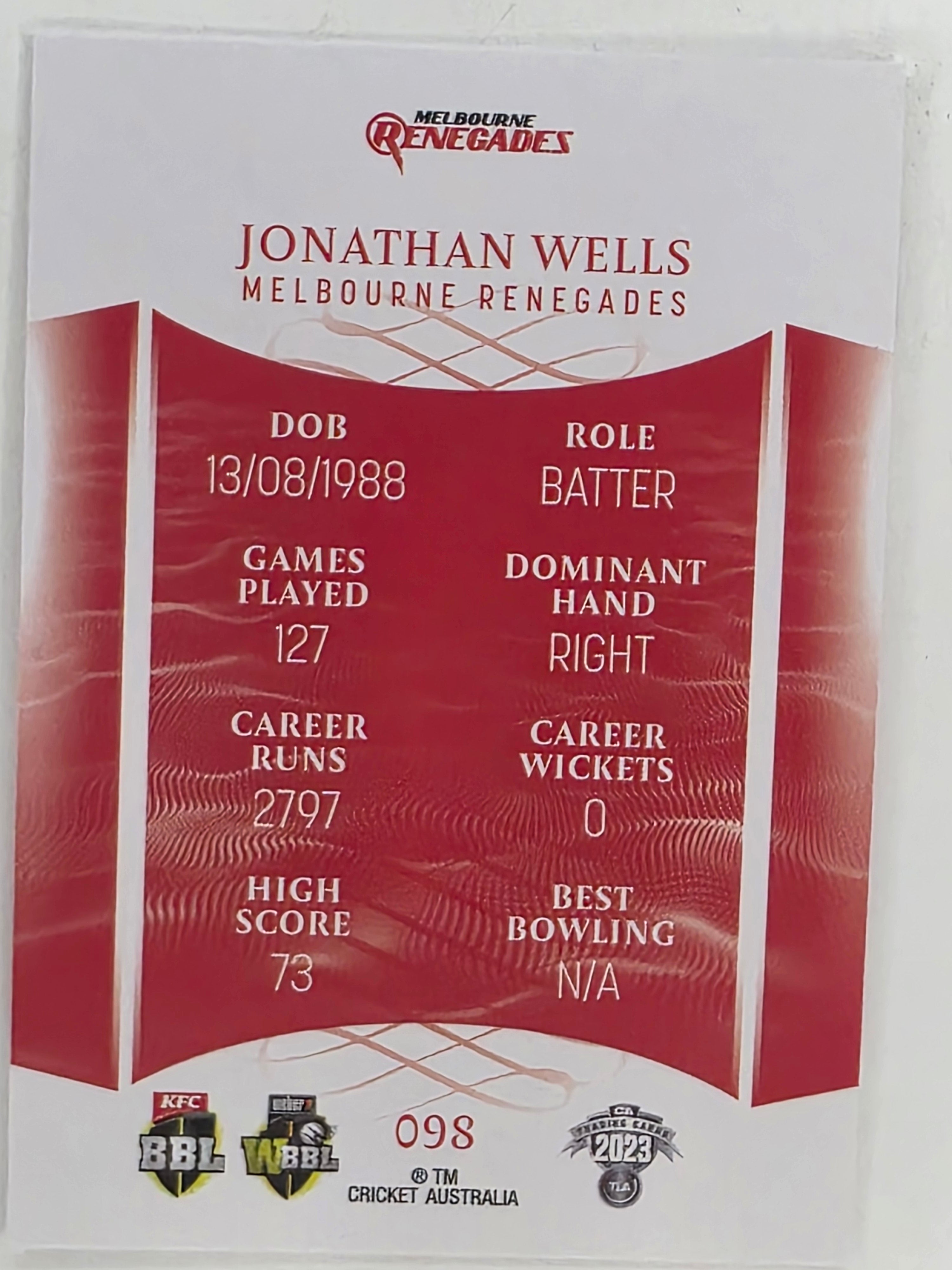 2023/24 Cricket Traders Base Card #098 Jonathan Wells Melbourne Renegades