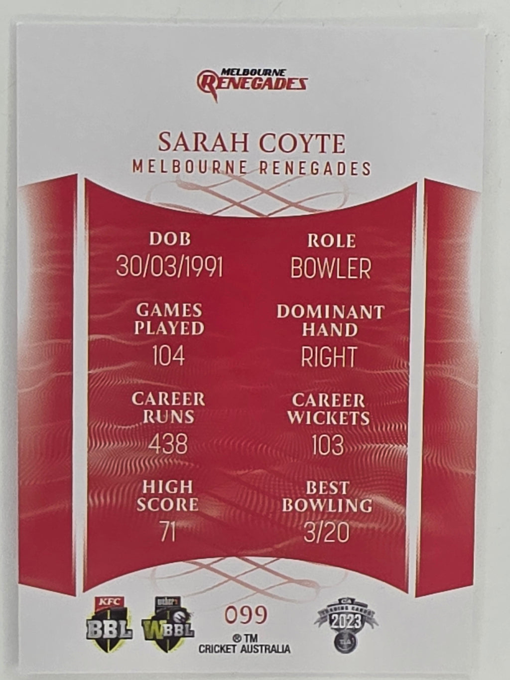 2023/24 Cricket Traders Base Card #099 Sarah Coyte Melbourne Renegades WBBL