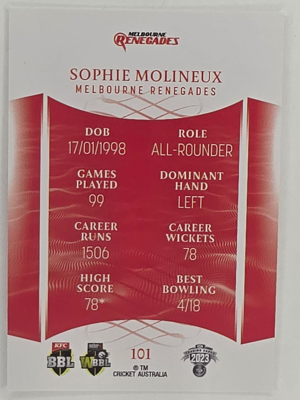 2023/24 Cricket Traders Base Card #101 Sophie Molineux Melbourne Renegades WBBL