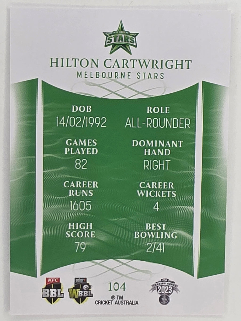 2023/24 Cricket Traders Base Card #104 Hilton Cartwright Melbourne Stars