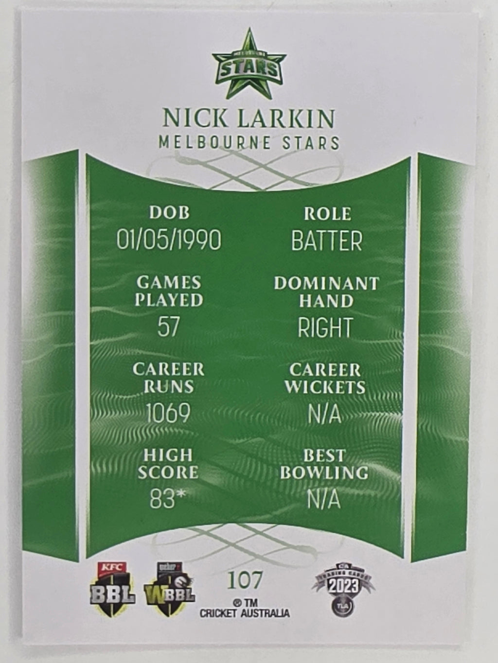 2023/24 Cricket Traders Base Card #107 Nick Larkin Melbourne Stars