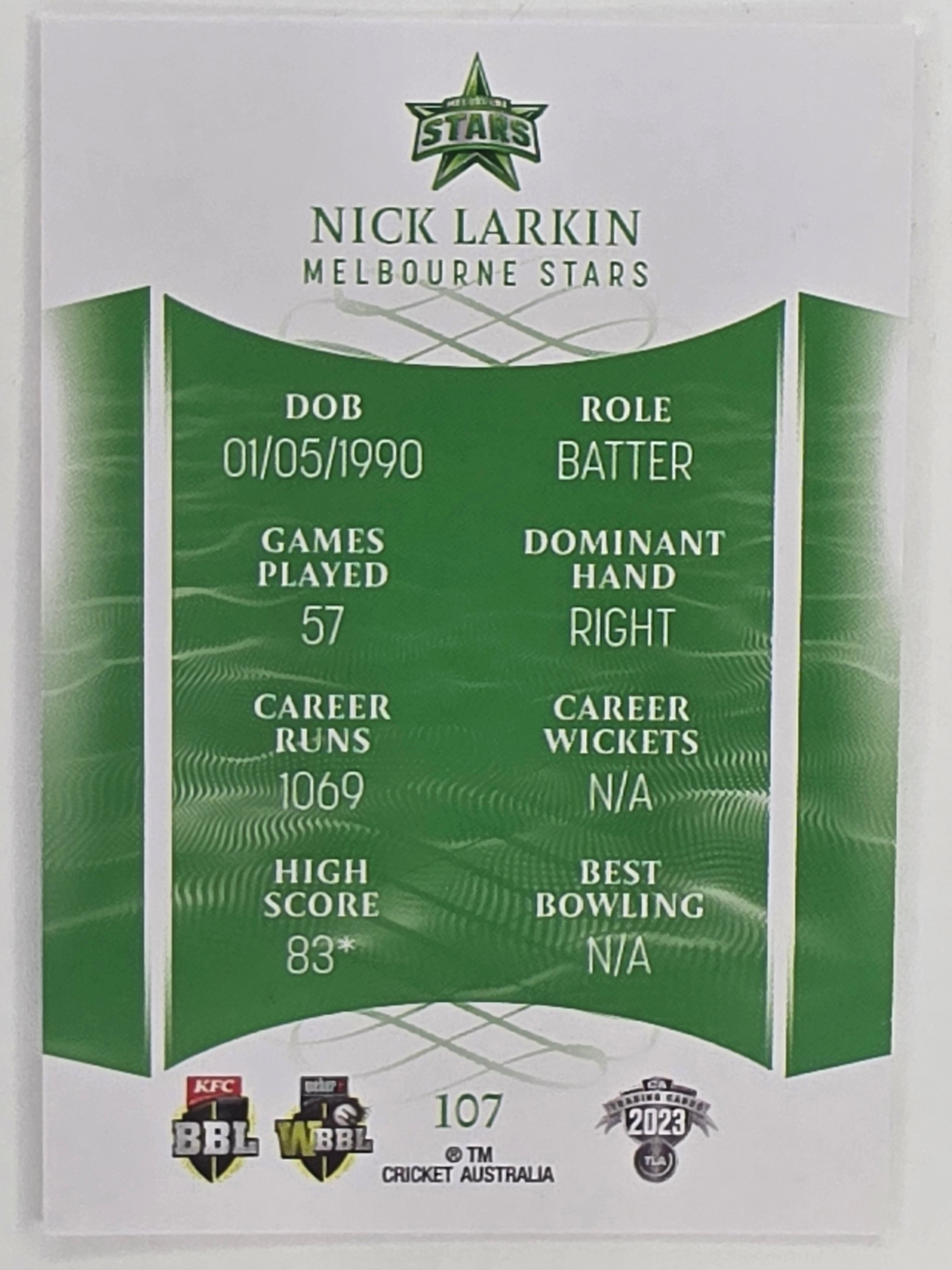 2023/24 Cricket Traders Base Card #107 Nick Larkin Melbourne Stars