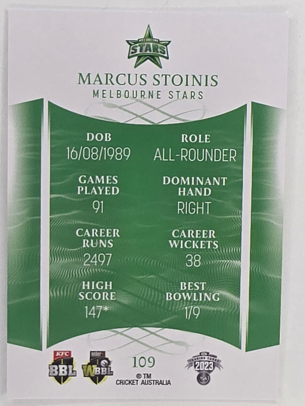 2023/24 Cricket Traders Base Card #109 Marcus Stoinis Melbourne Stars