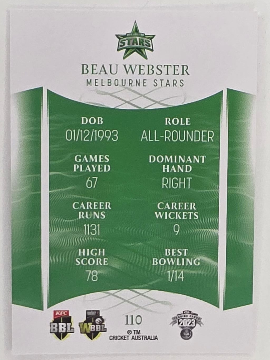 2023/24 Cricket Traders Base Card #110 Beau Webster Melbourne Stars