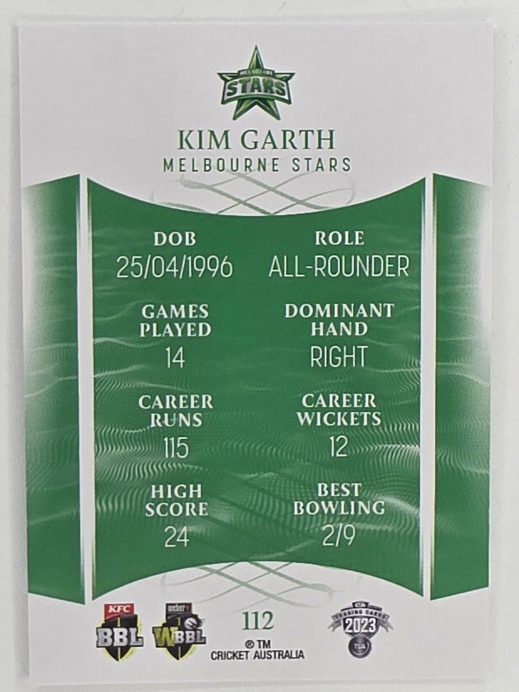 2023/24 Cricket Traders Base Card #112 Kim Garth Melbourne Stars WBBL