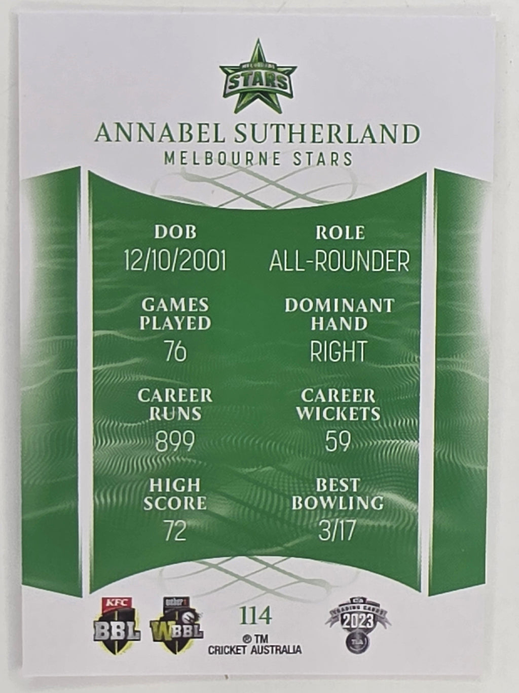 2023/24 Cricket Traders Base Card #114 Annabel Sutherland Melbourne Stars WBBL