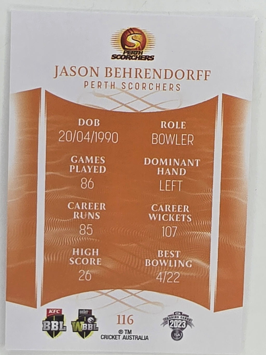 2023/24 Cricket Traders Base Card #116 Jason Behrendorff Perth Scorchers