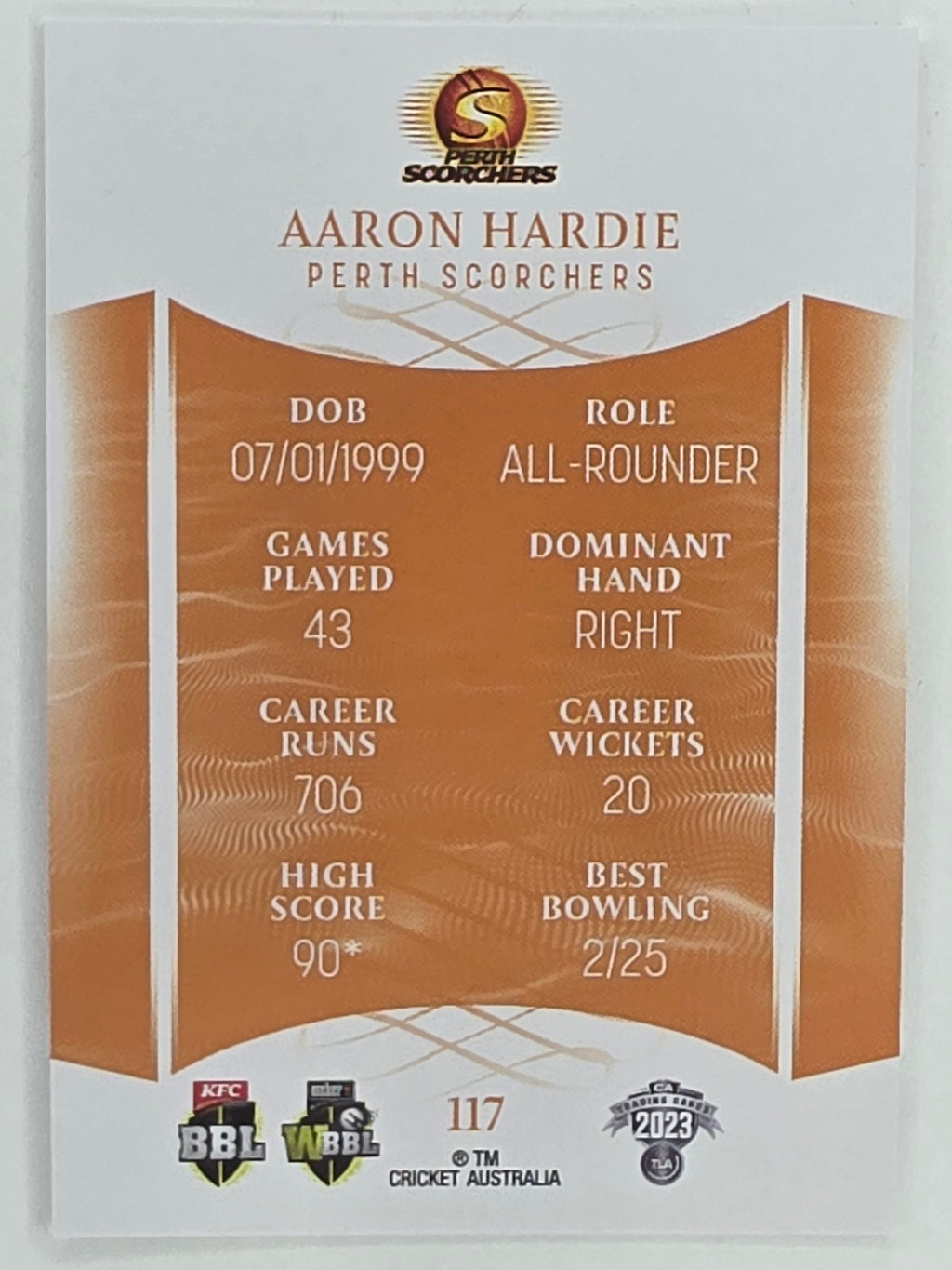 2023/24 Cricket Traders Base Card #117 Aaron Hardie Perth Scorchers