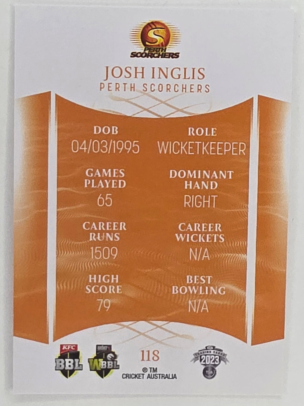 2023/24 Cricket Traders Base Card #118 Josh Inglis Perth Scorchers