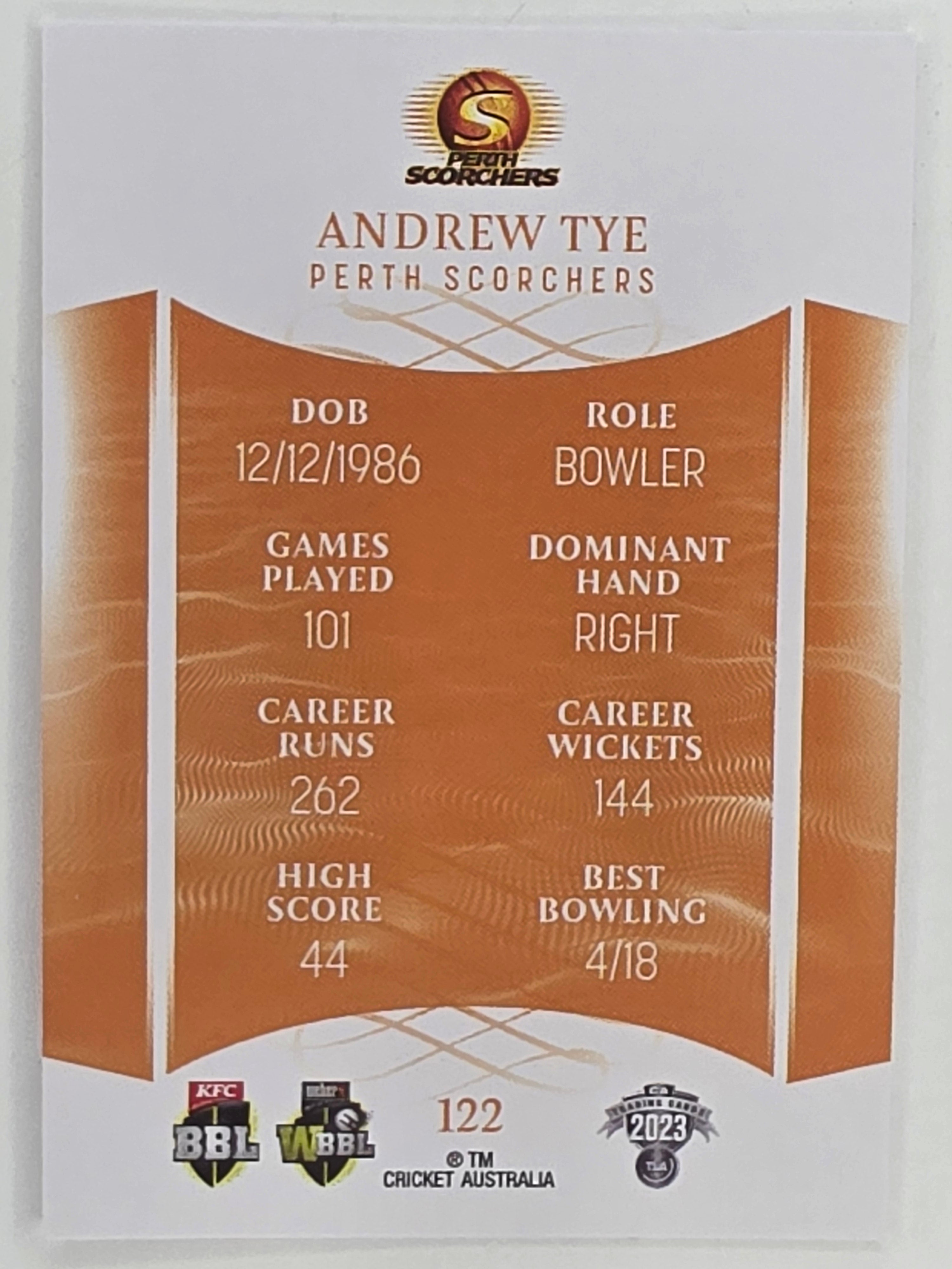 2023/24 Cricket Traders Base Card #122 Andrew Tye Perth Scorchers