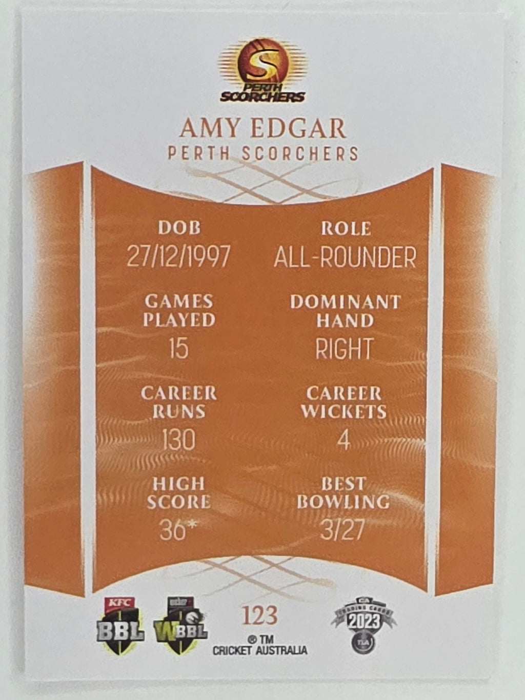 2023/24 Cricket Traders Base Card #123 Amy Edgar Perth Scorchers WBBL