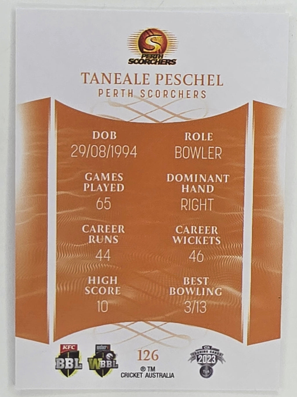 2023/24 Cricket Traders Base Card #126 Taneale Peschel Perth Scorchers WBBL