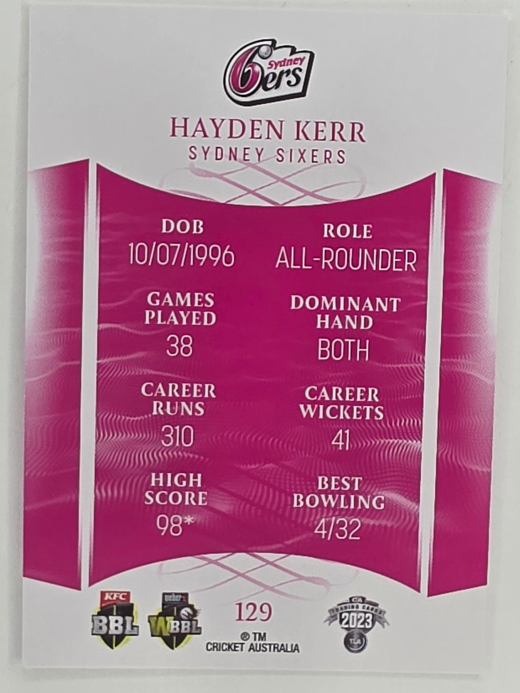 2023/24 Cricket Traders Base Card #129 Hayden Kerr Sydney Sixers