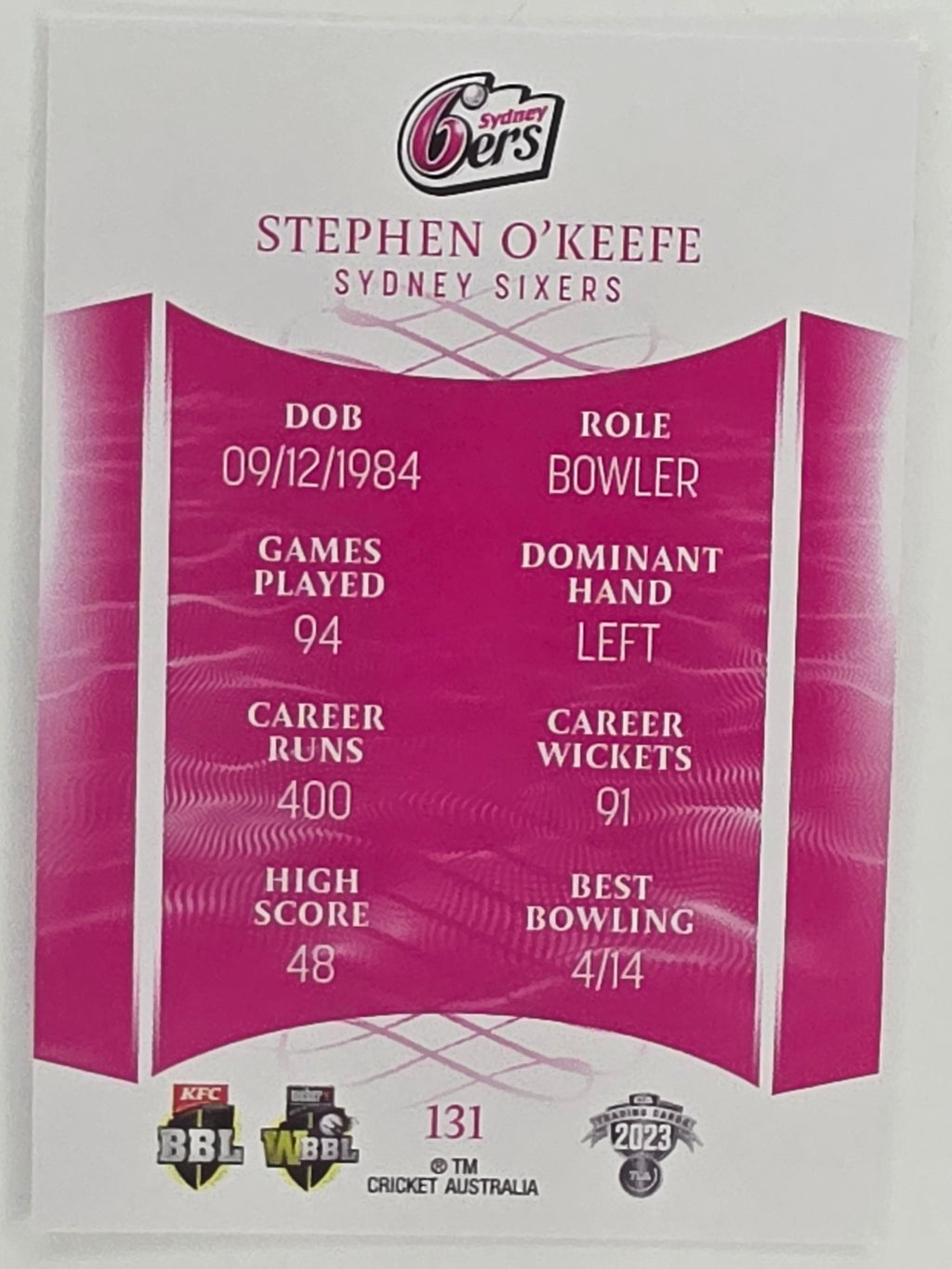 2023/24 Cricket Traders Base Card #131 Stephen O’Keefe Sydney Sixers