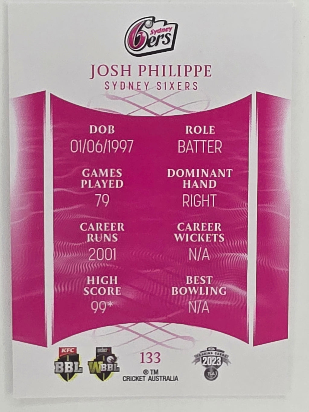 2023/24 Cricket Traders Base Card #133 Josh Philippe Sydney Sixers