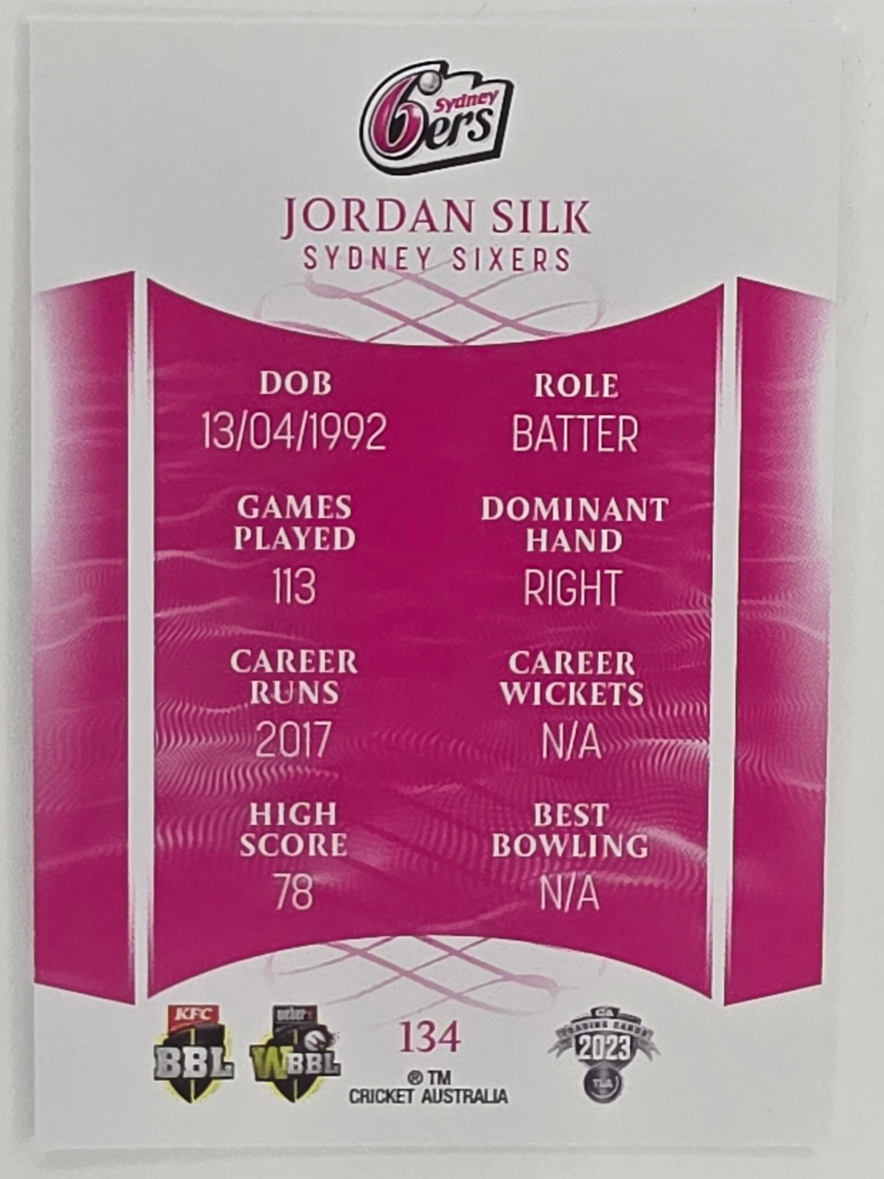 2023/24 Cricket Traders Base Card #134 Jordan Silk Sydney Sixers