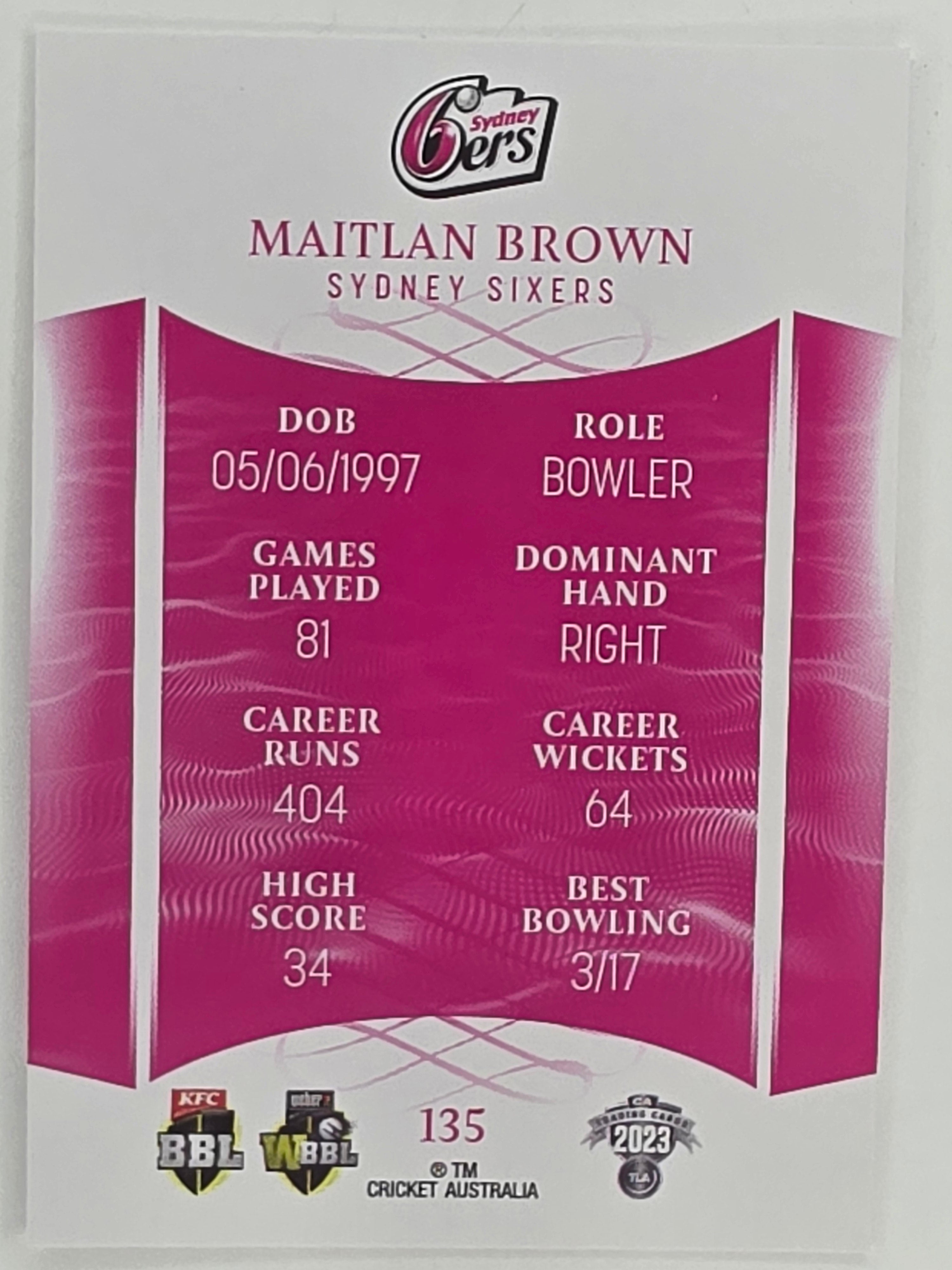 2023/24 Cricket Traders Base Card #135 Maitlan Brown Sydney Sixers WBBL