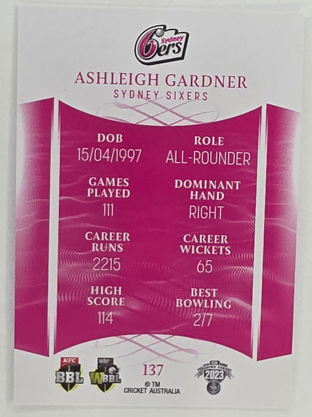 2023/24 Cricket Traders Base Card #137 Ashleigh Gardner Sydney Sixers WBBL