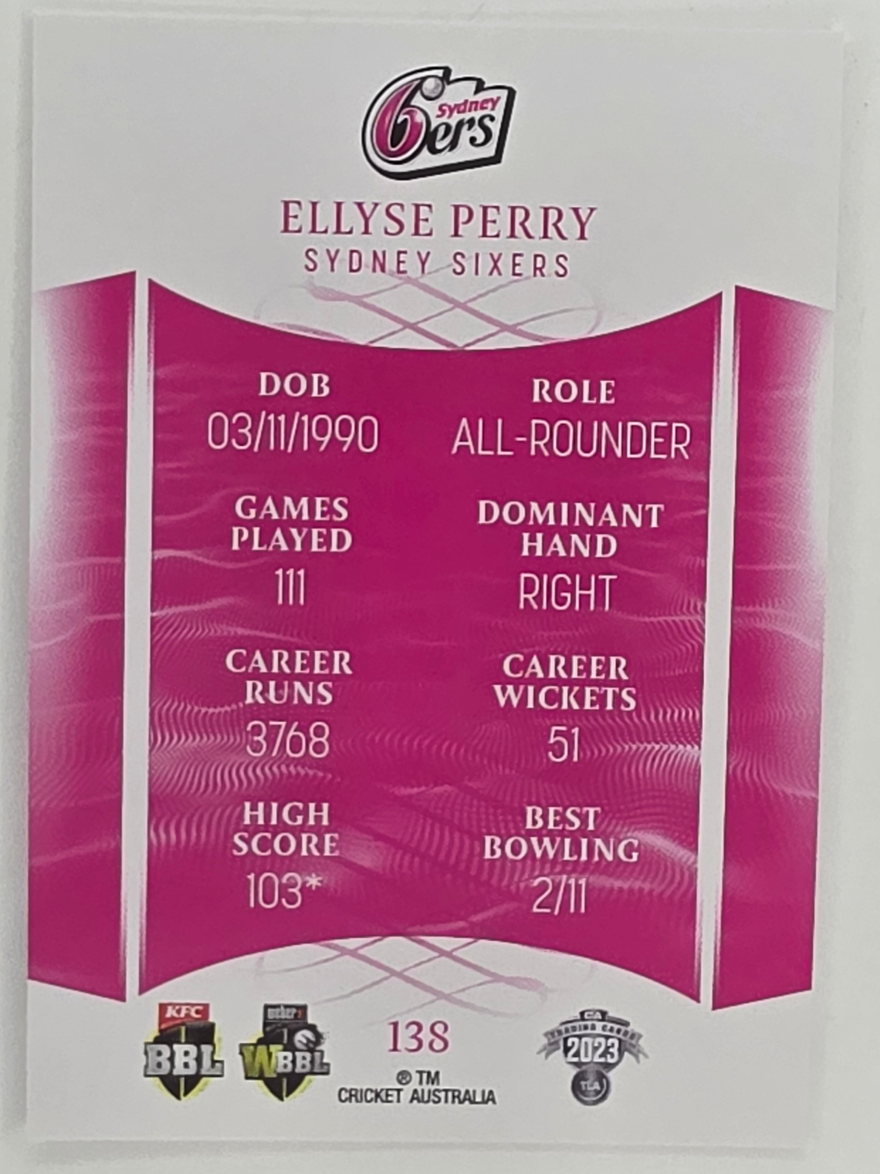 2023/24 Cricket Traders Base Card #138 Ellyse Perry Sydney Sixers WBBL