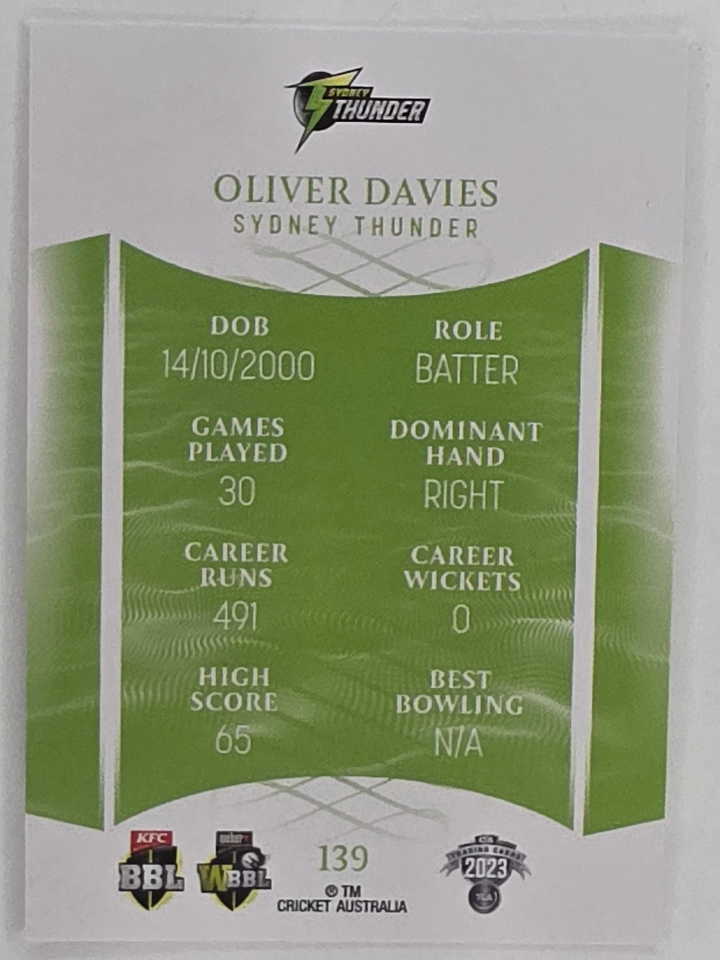 2023/24 Cricket Traders Base Card #139 Oliver Davies Sydney Thunder